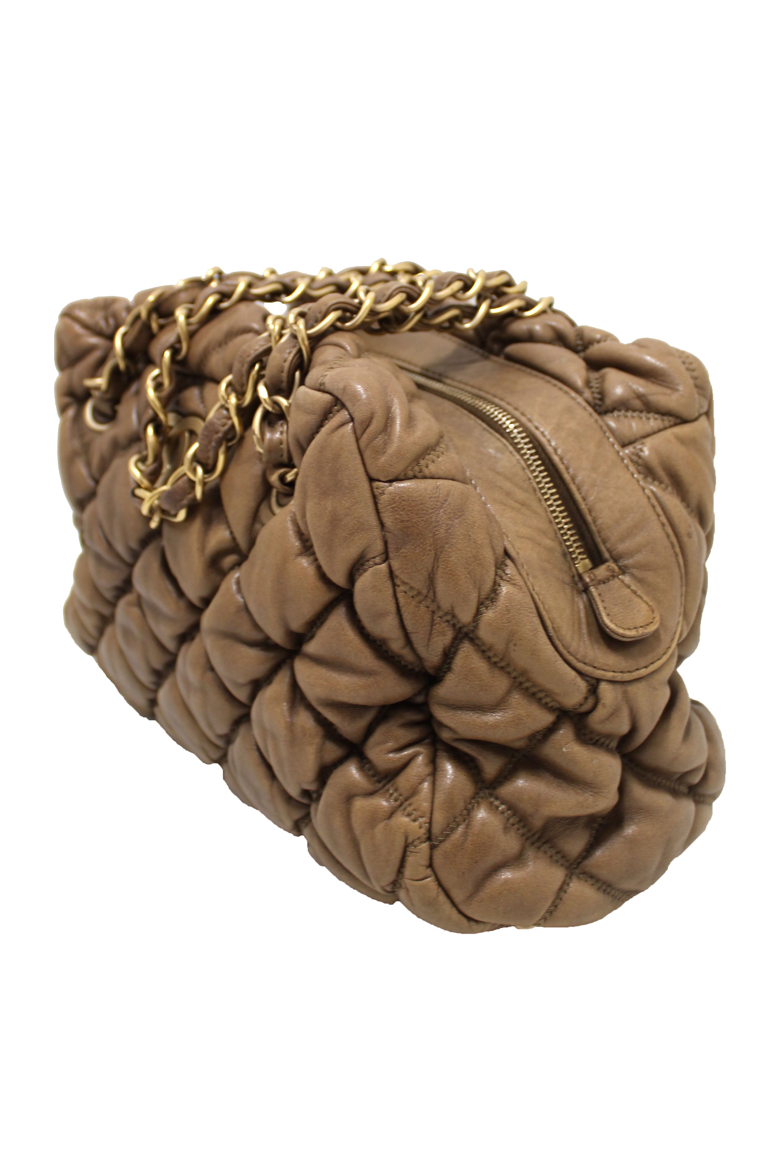 Authentic Chanel Beige Bubble Quilted Lambskin Leather Bowler Bag