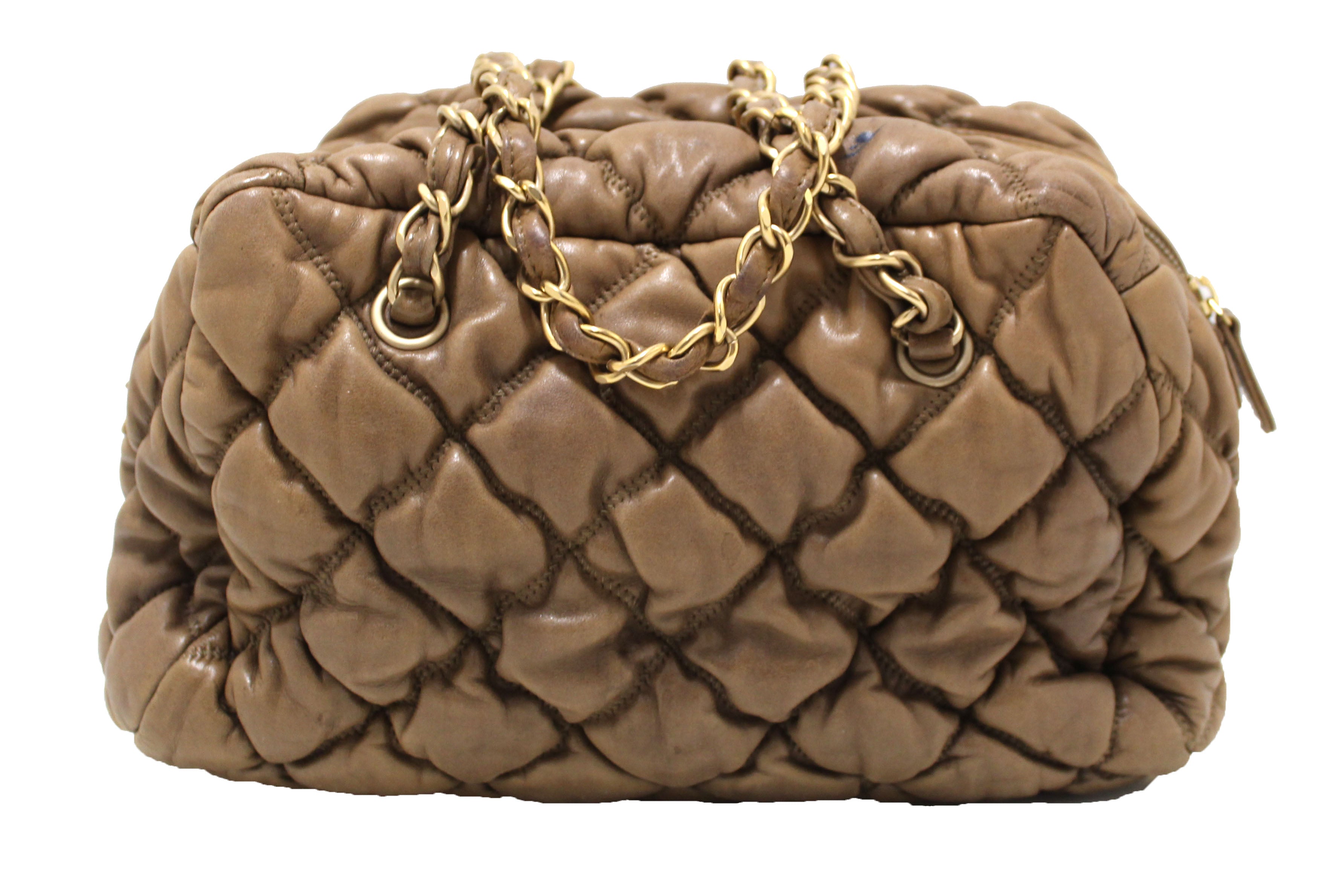Authentic Chanel Beige Bubble Quilted Lambskin Leather Bowler Bag