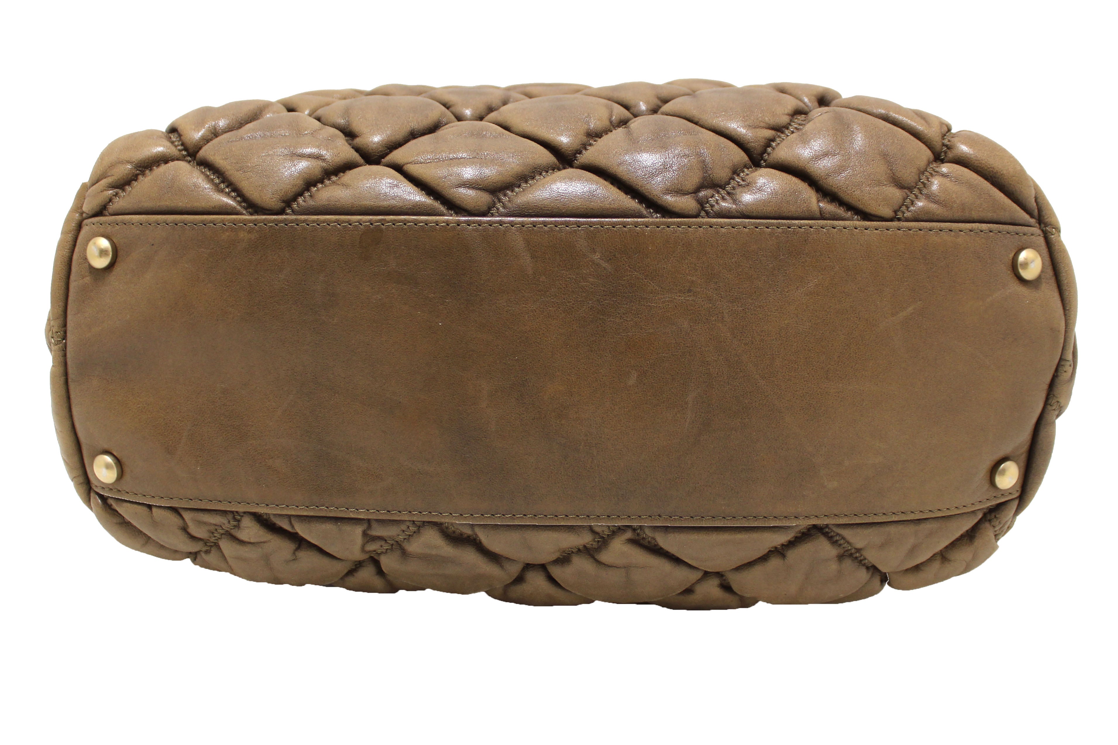 Authentic Chanel Beige Bubble Quilted Lambskin Leather Bowler Bag