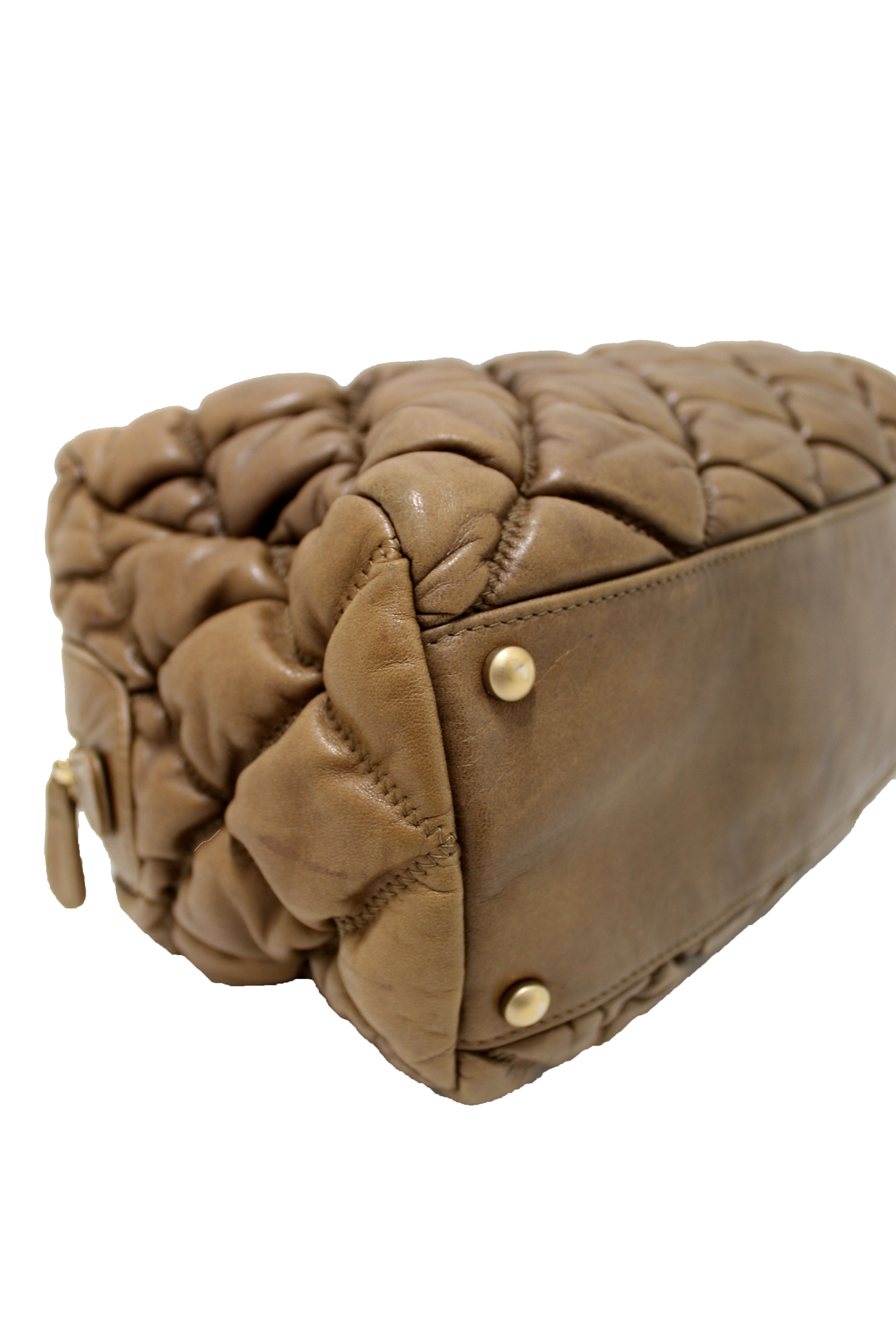 Authentic Chanel Beige Bubble Quilted Lambskin Leather Bowler Bag