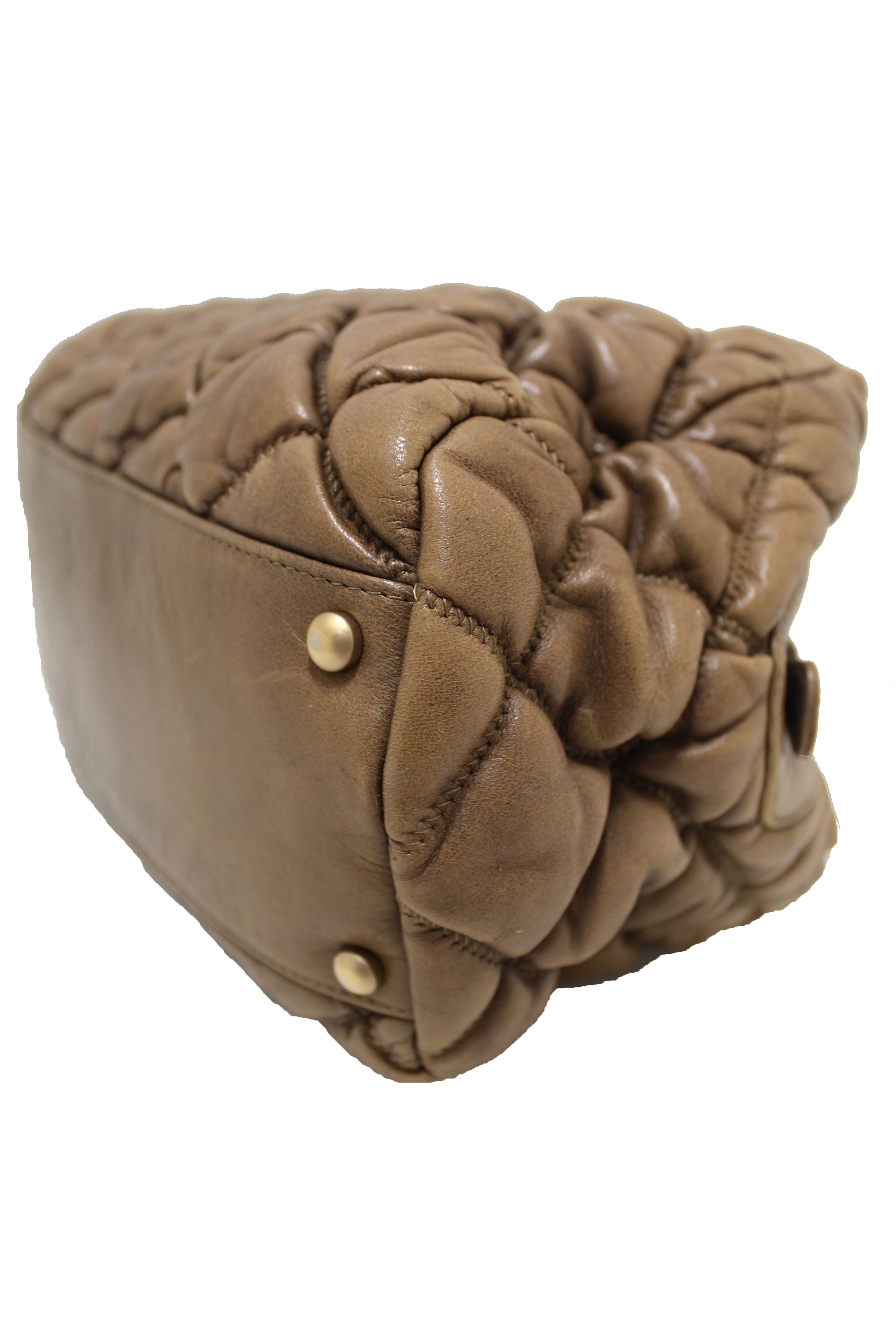 Authentic Chanel Beige Bubble Quilted Lambskin Leather Bowler Bag