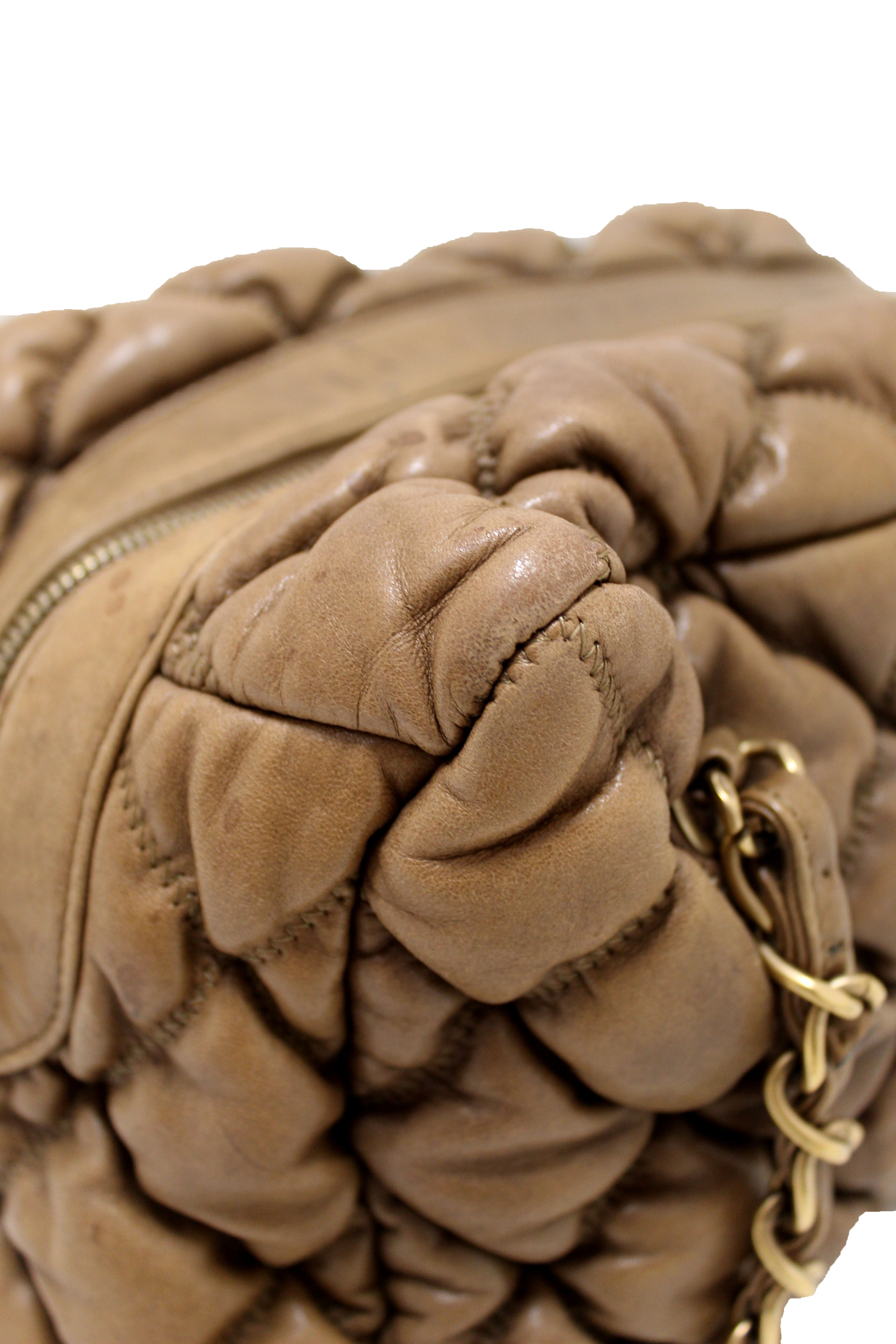 Authentic Chanel Beige Bubble Quilted Lambskin Leather Bowler Bag