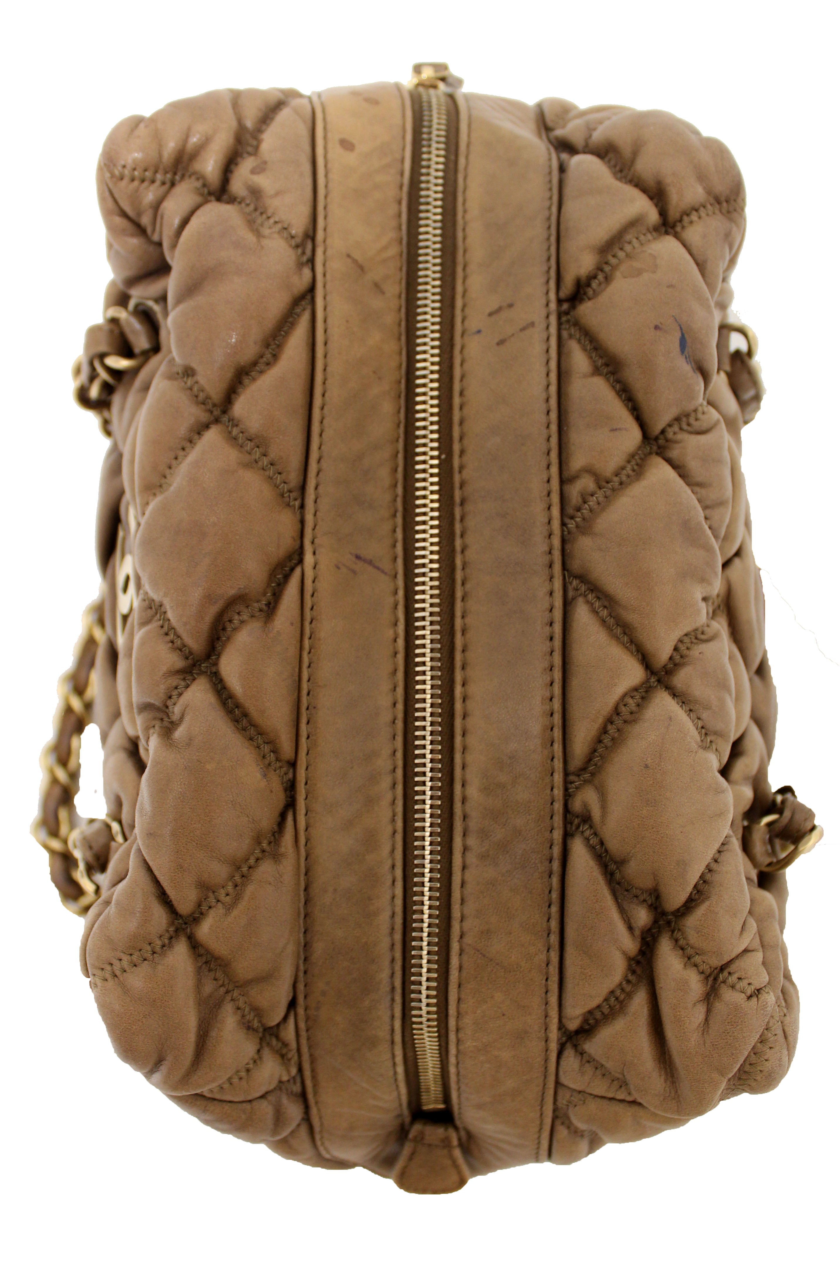 Authentic Chanel Beige Bubble Quilted Lambskin Leather Bowler Bag