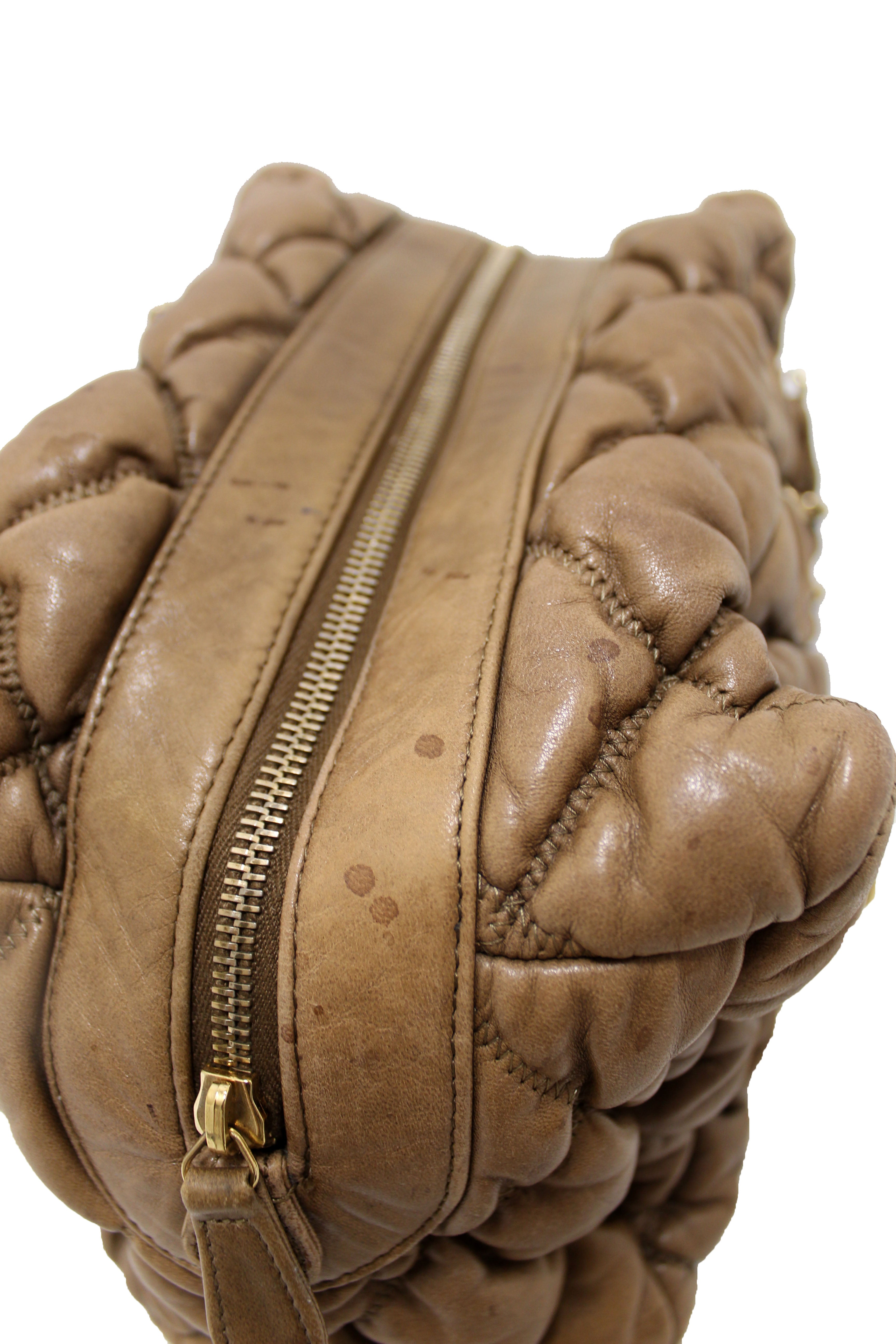 Authentic Chanel Beige Bubble Quilted Lambskin Leather Bowler Bag