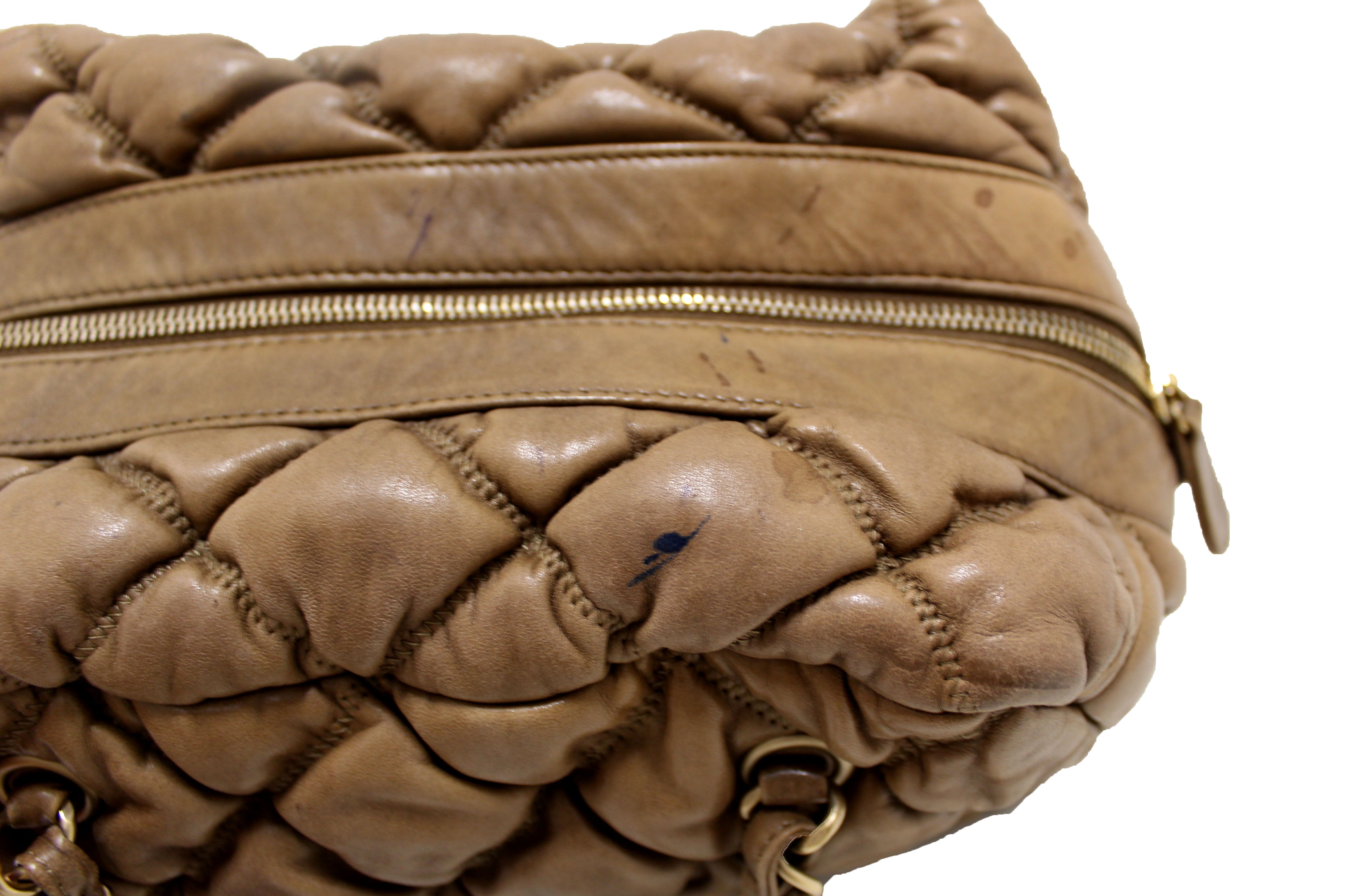 Authentic Chanel Beige Bubble Quilted Lambskin Leather Bowler Bag