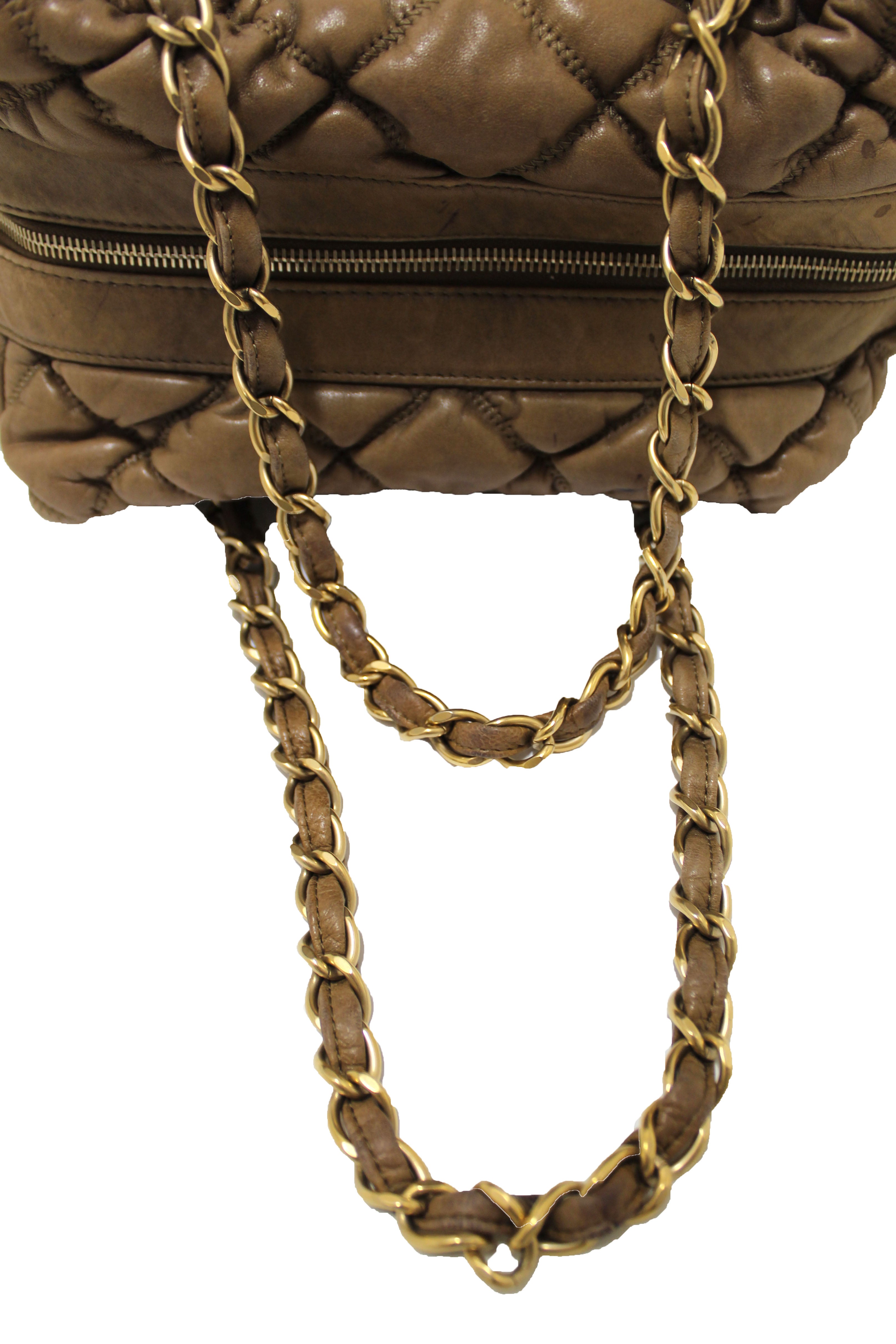 Authentic Chanel Beige Bubble Quilted Lambskin Leather Bowler Bag