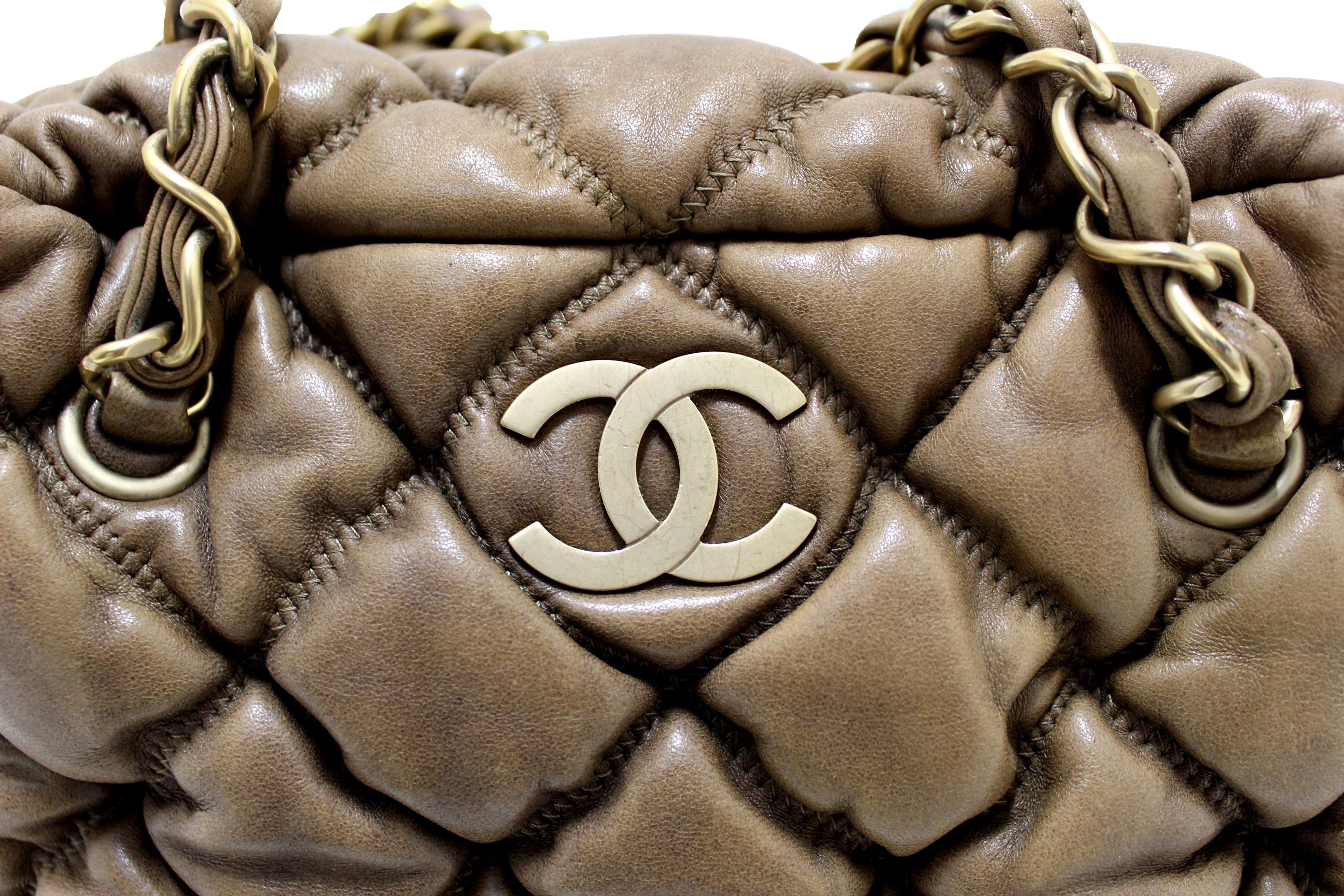 Authentic Chanel Beige Bubble Quilted Lambskin Leather Bowler Bag