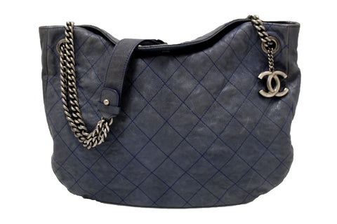 Authentic Chanel Blue Quilted Caviar Leather Hobo Shoulder Bag