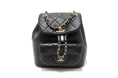 Authentic Chanel Black Lambskin Quilted Leather Small Duma Drawstring Backpack