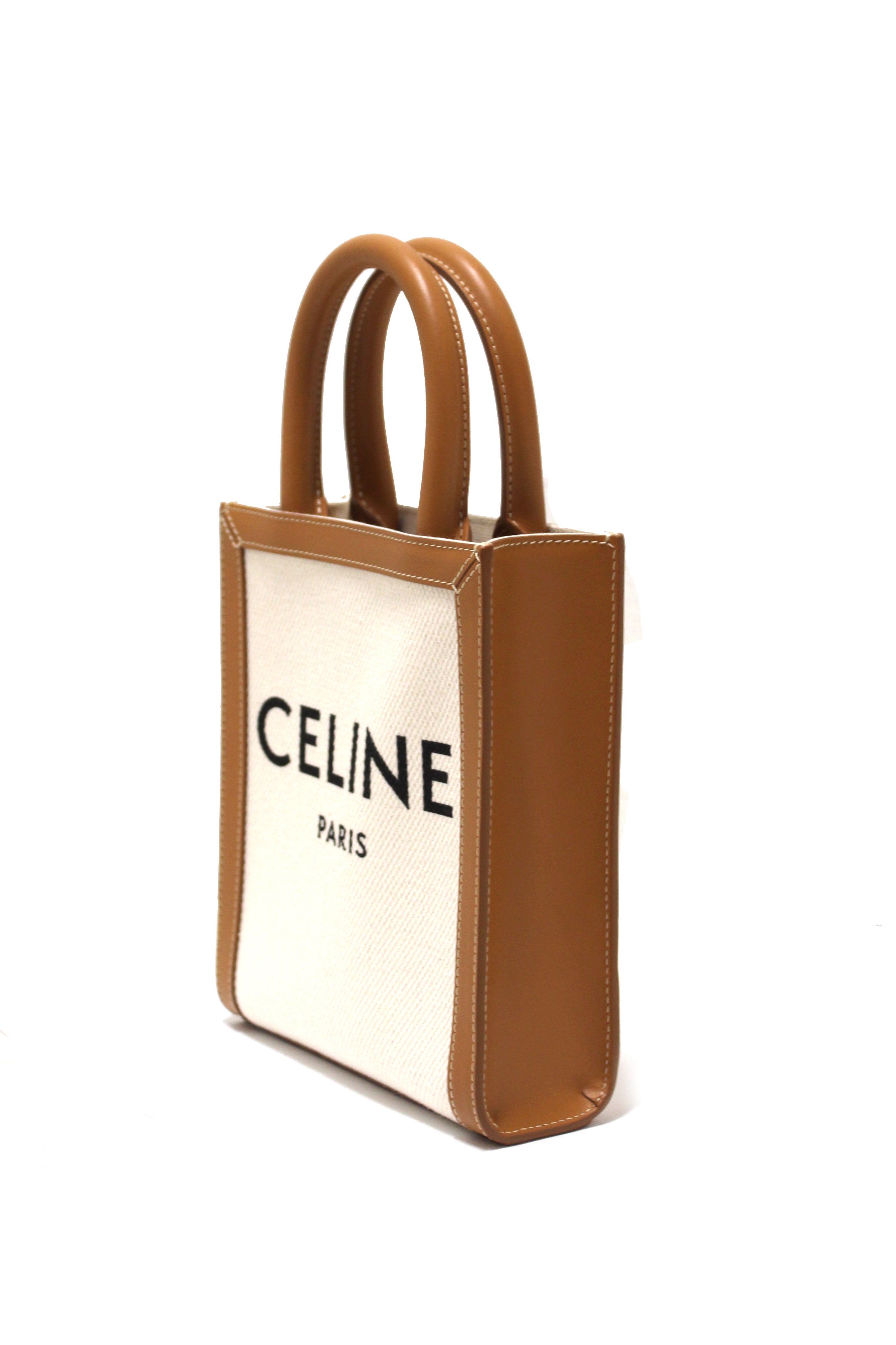 Authentic Celine Beige Canvas with Brown Calfskin Logo Print Mini Vertical Cabas