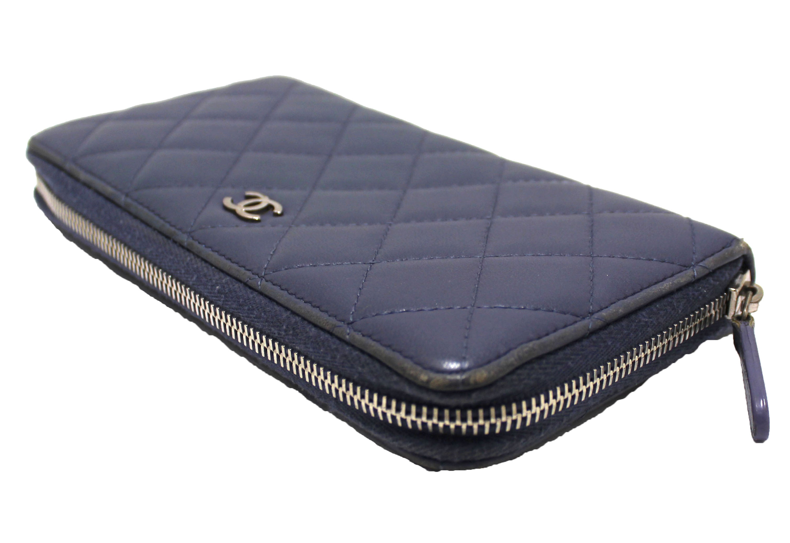 Authentic Chanel Blue Quilted Lambskin Leather Zippy Wallet