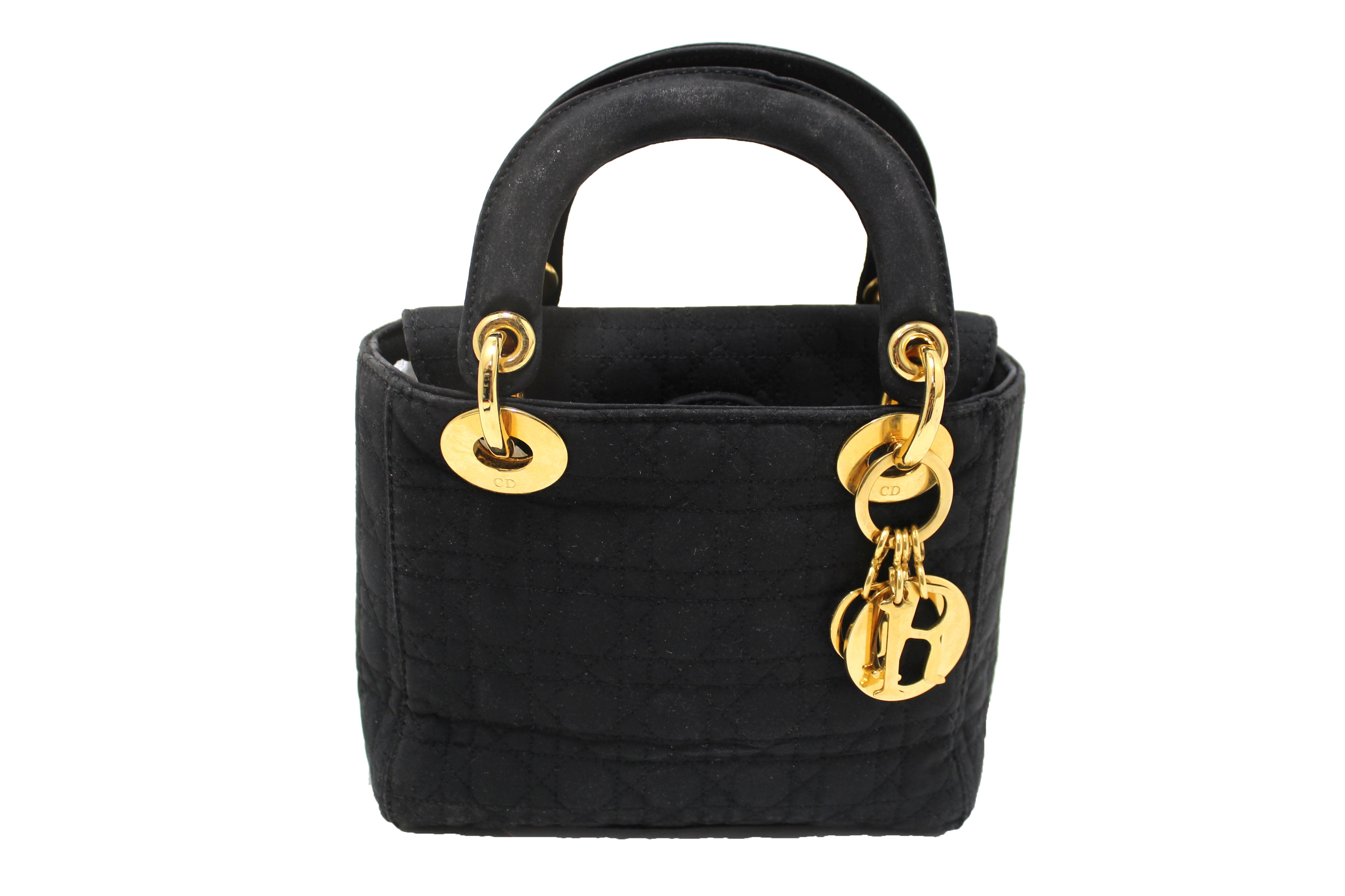 Authentic Christian Dior Black Nylon Cannage Mini Lady Dior Bag