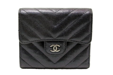 Authentic Chanel Black Iridescent Caviar Chevron Quilted Compact Flap Wallet