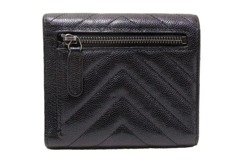 Authentic Chanel Black Iridescent Caviar Chevron Quilted Compact Flap Wallet