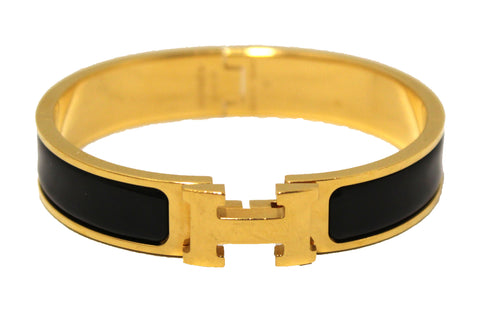 Authentic Hermes Black Enamel With Gold Plated Clic Clac H PM Bangle