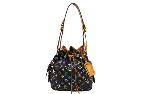 Authentic Louis Vuitton Black Monogram Multicolor Petit Noe Drawstring Shoulder Tote