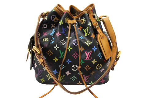 Authentic Louis Vuitton Black Monogram Multicolor Petit Noe Drawstring Shoulder Tote