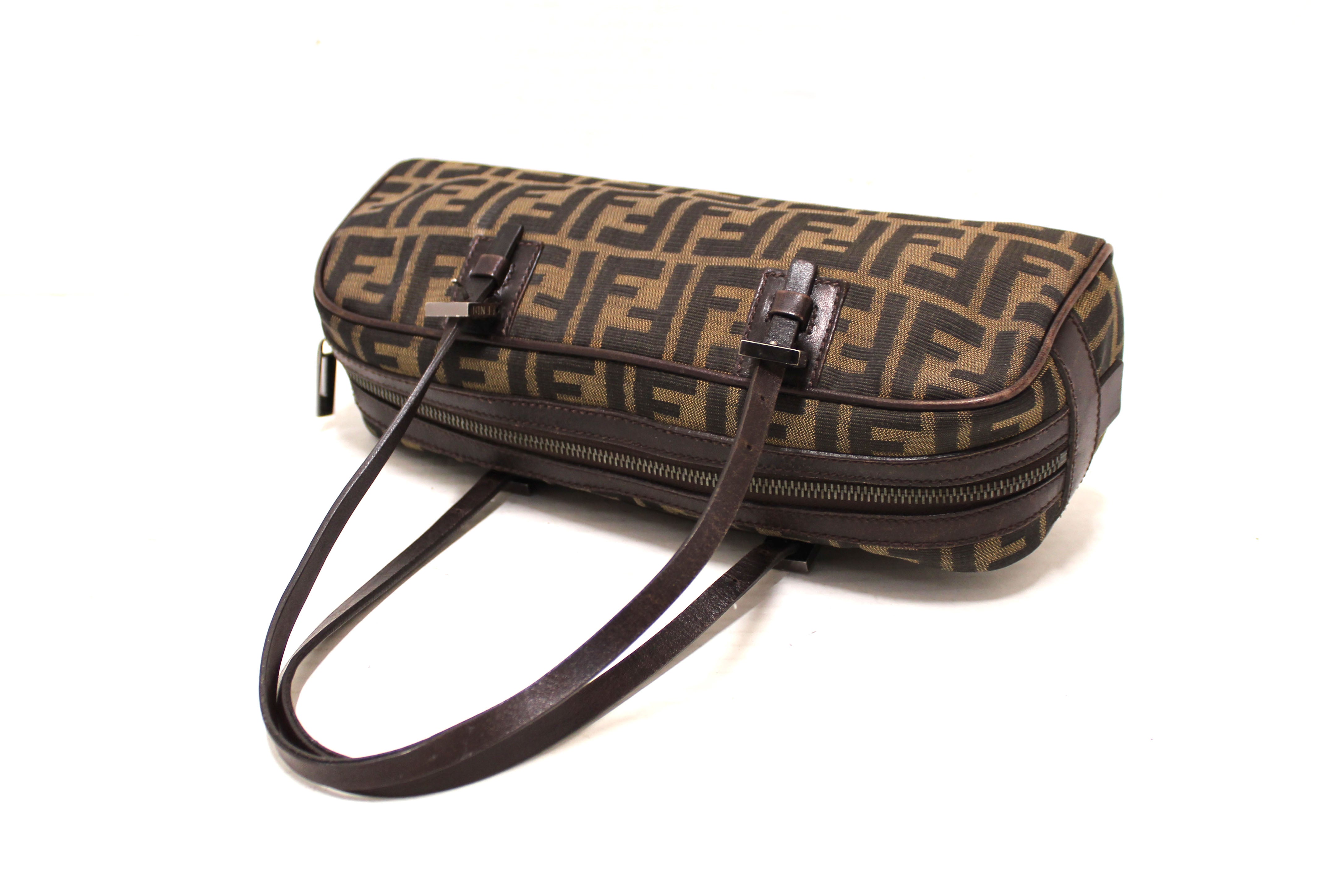 Authentic Fendi Brown Bauletto Zucca Tobacco Print Canvas bag