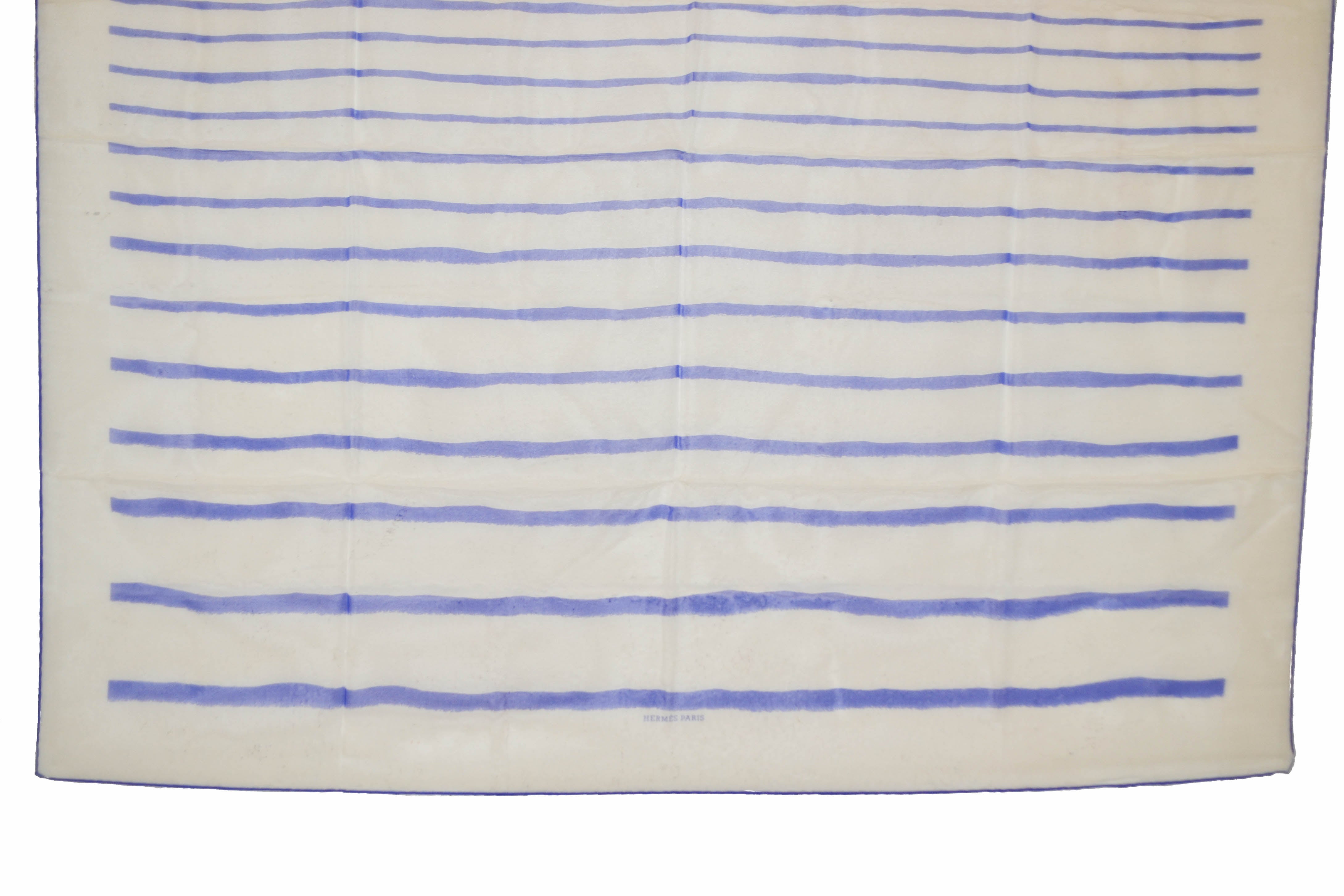 Authentic Hermes White with Blue Lines Print Design Mousseline 100% Silk Scarf 36"