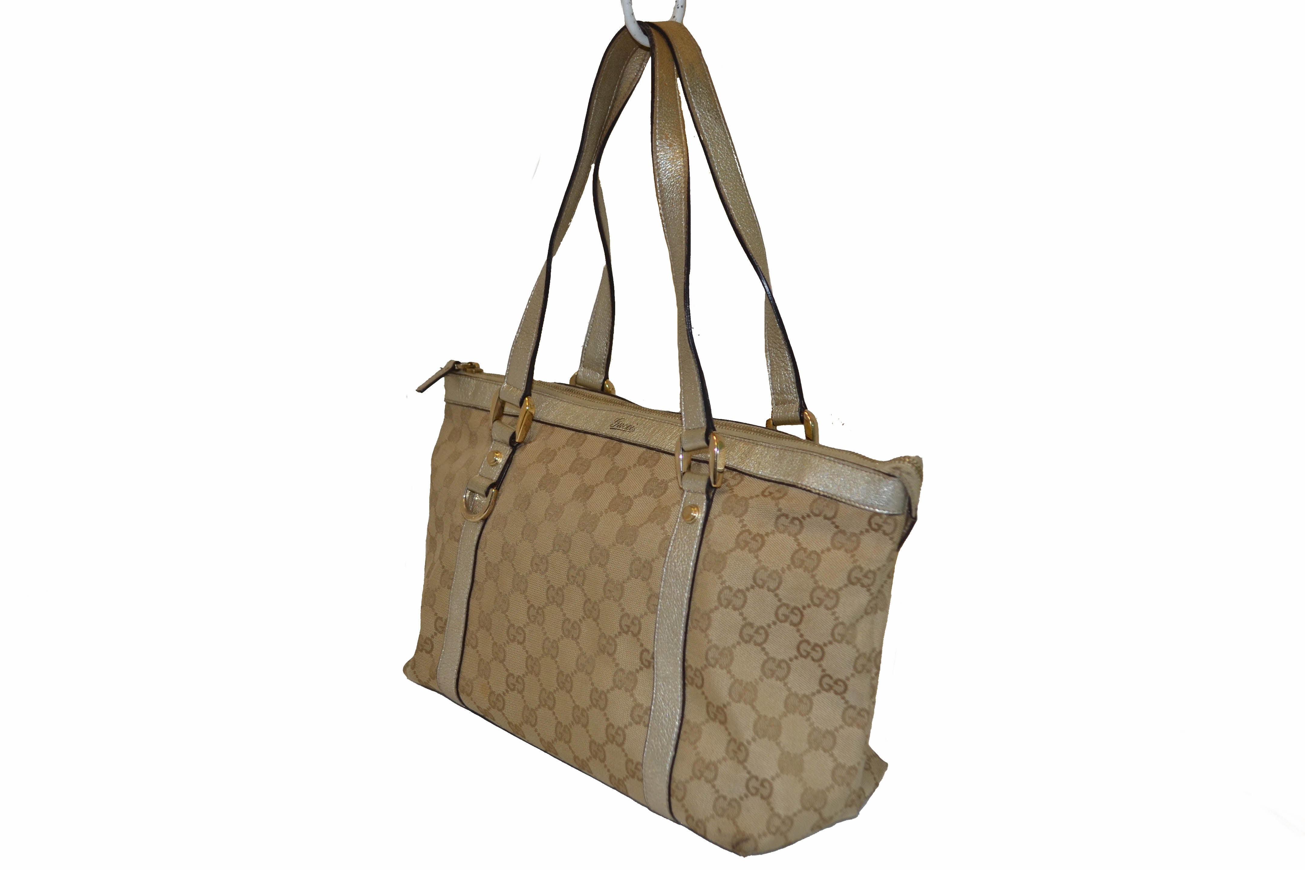 Authentic Gucci Metallic Gold Leather with Beige GG Monogram Canvas Small Tote Bag
