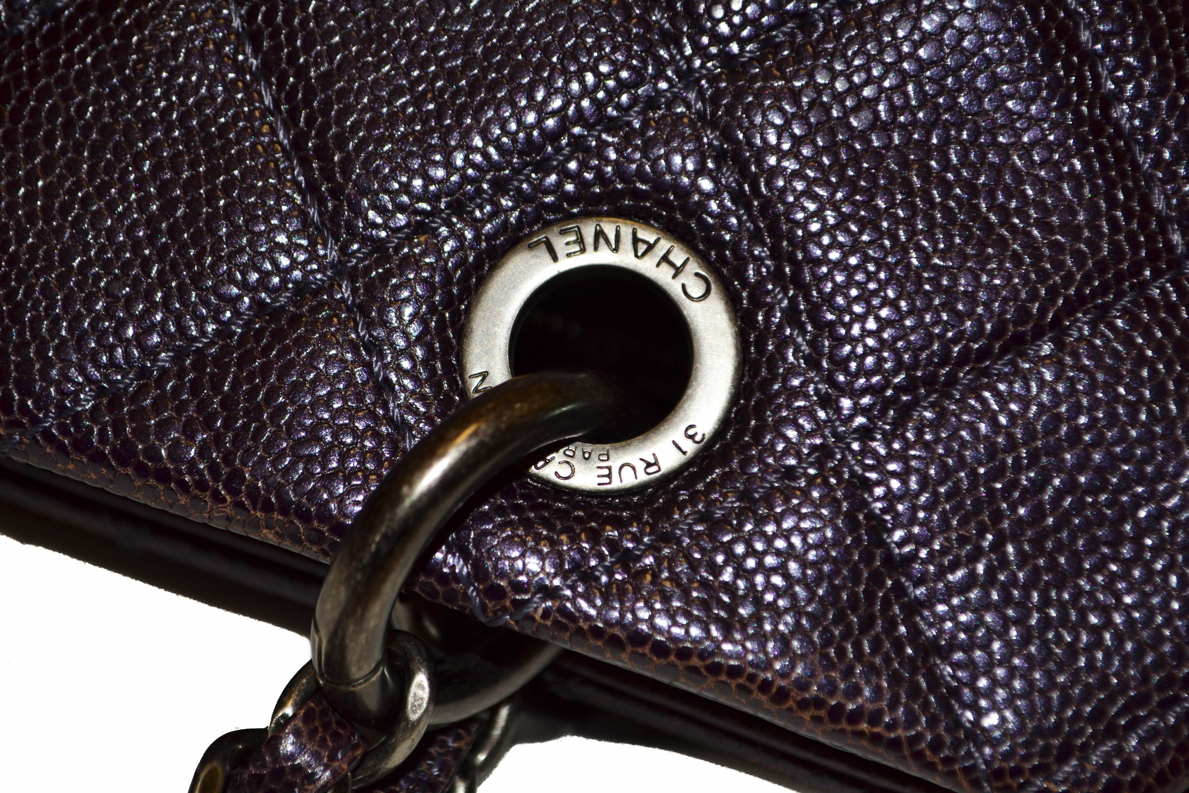 Authentic Chanel Quilted Caviar Leather Metallic Purple Shoulder Bag