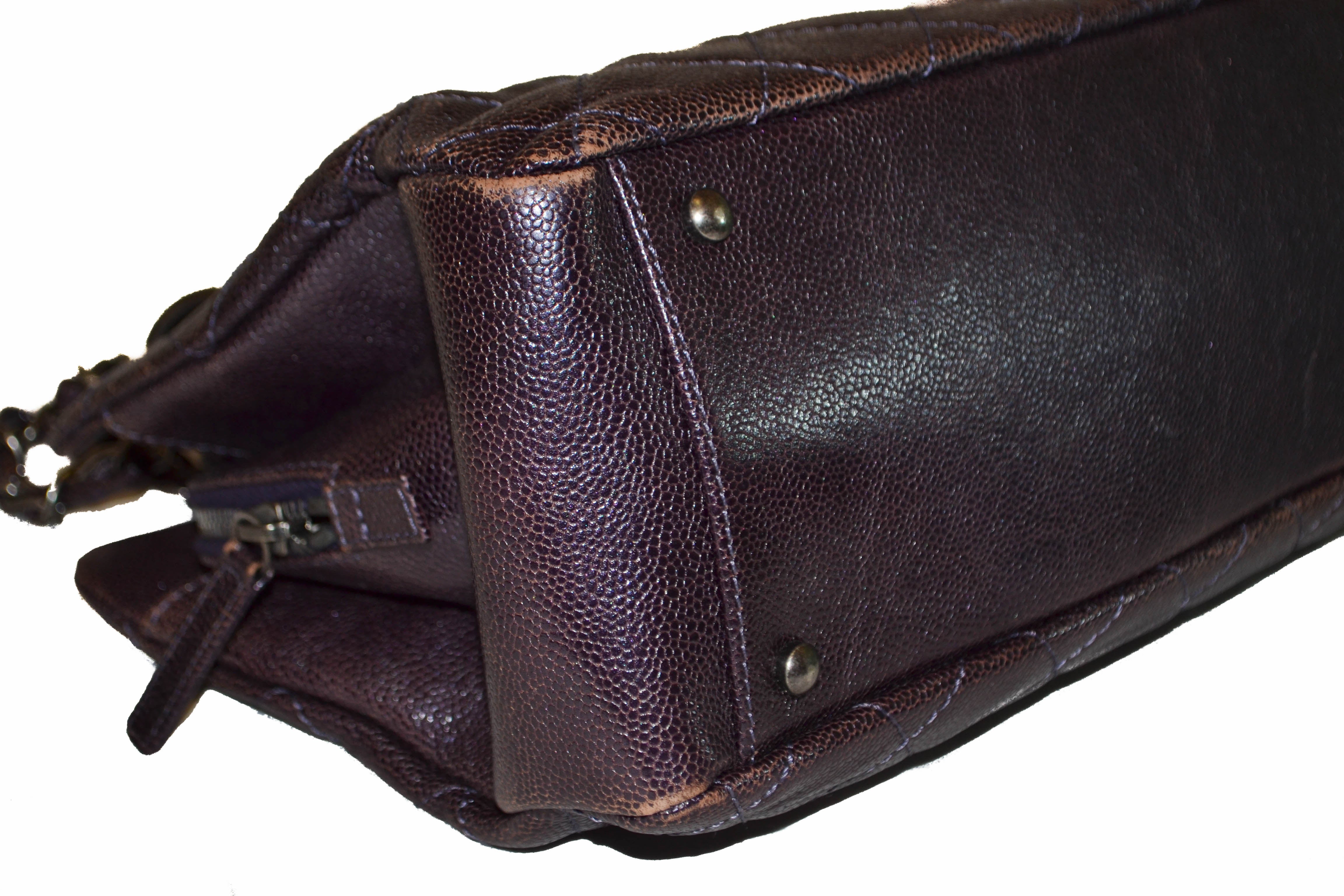 Authentic Chanel Quilted Caviar Leather Metallic Purple Shoulder Bag
