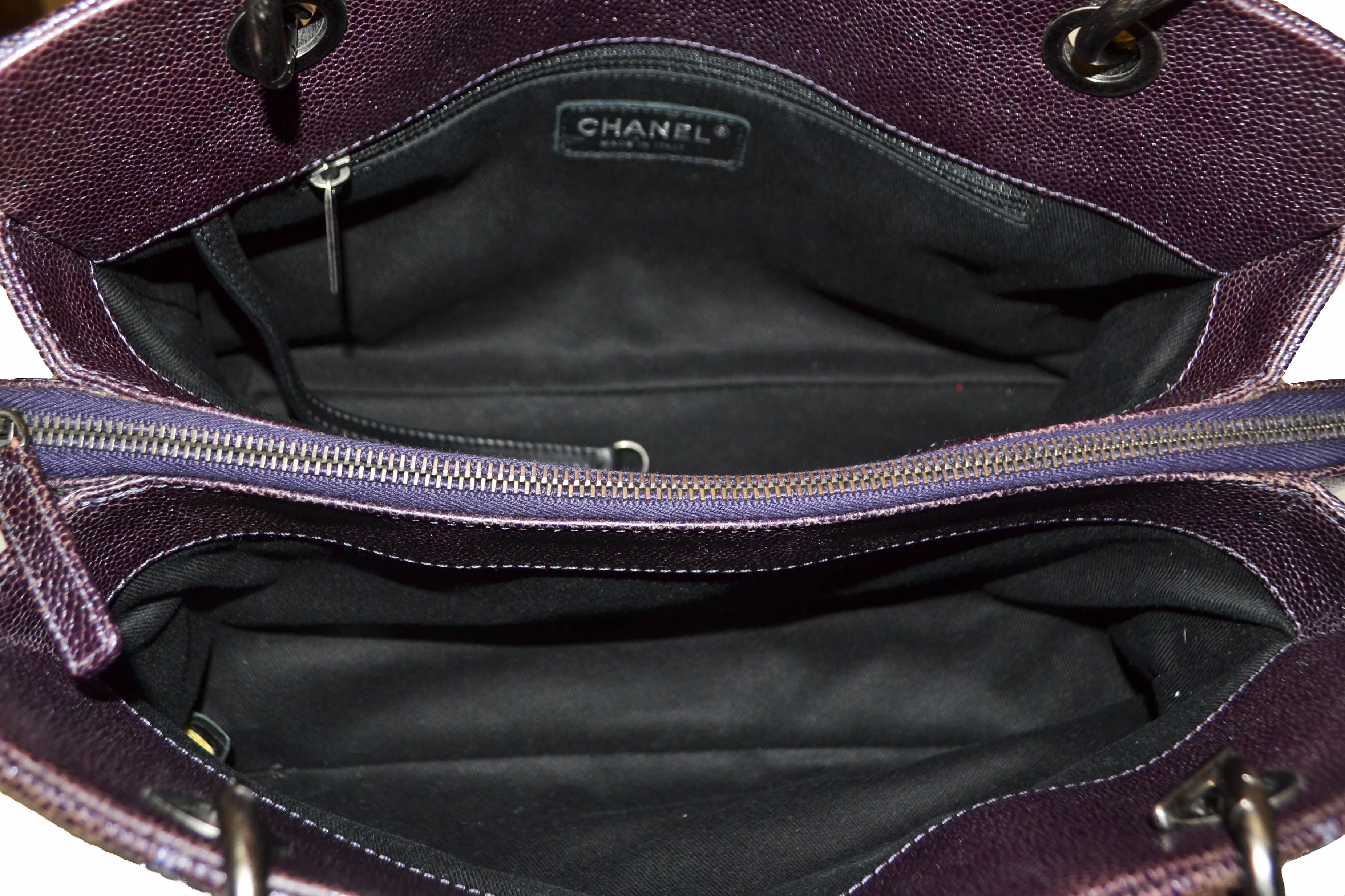 Authentic Chanel Quilted Caviar Leather Metallic Purple Shoulder Bag