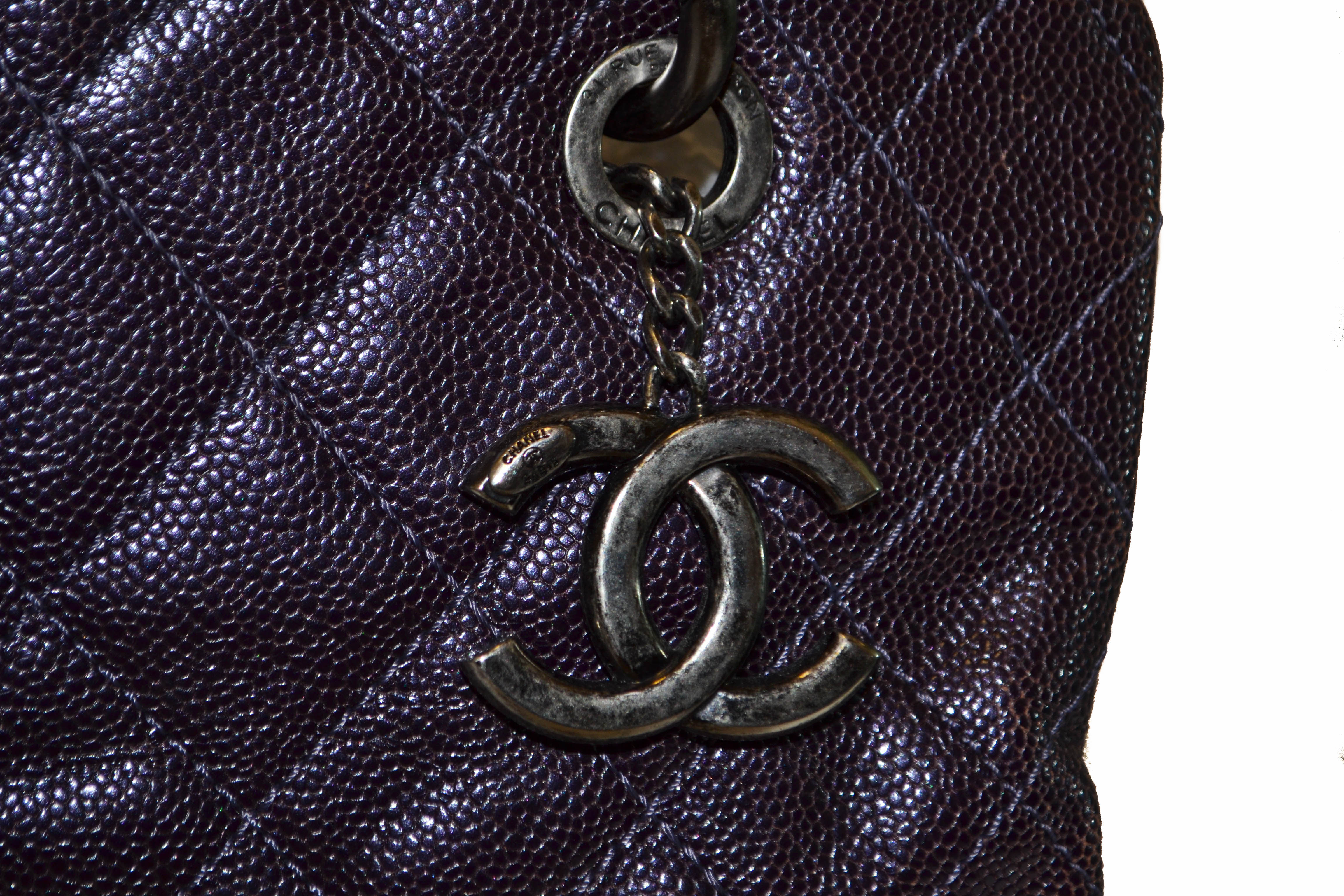 Authentic Chanel Quilted Caviar Leather Metallic Purple Shoulder Bag