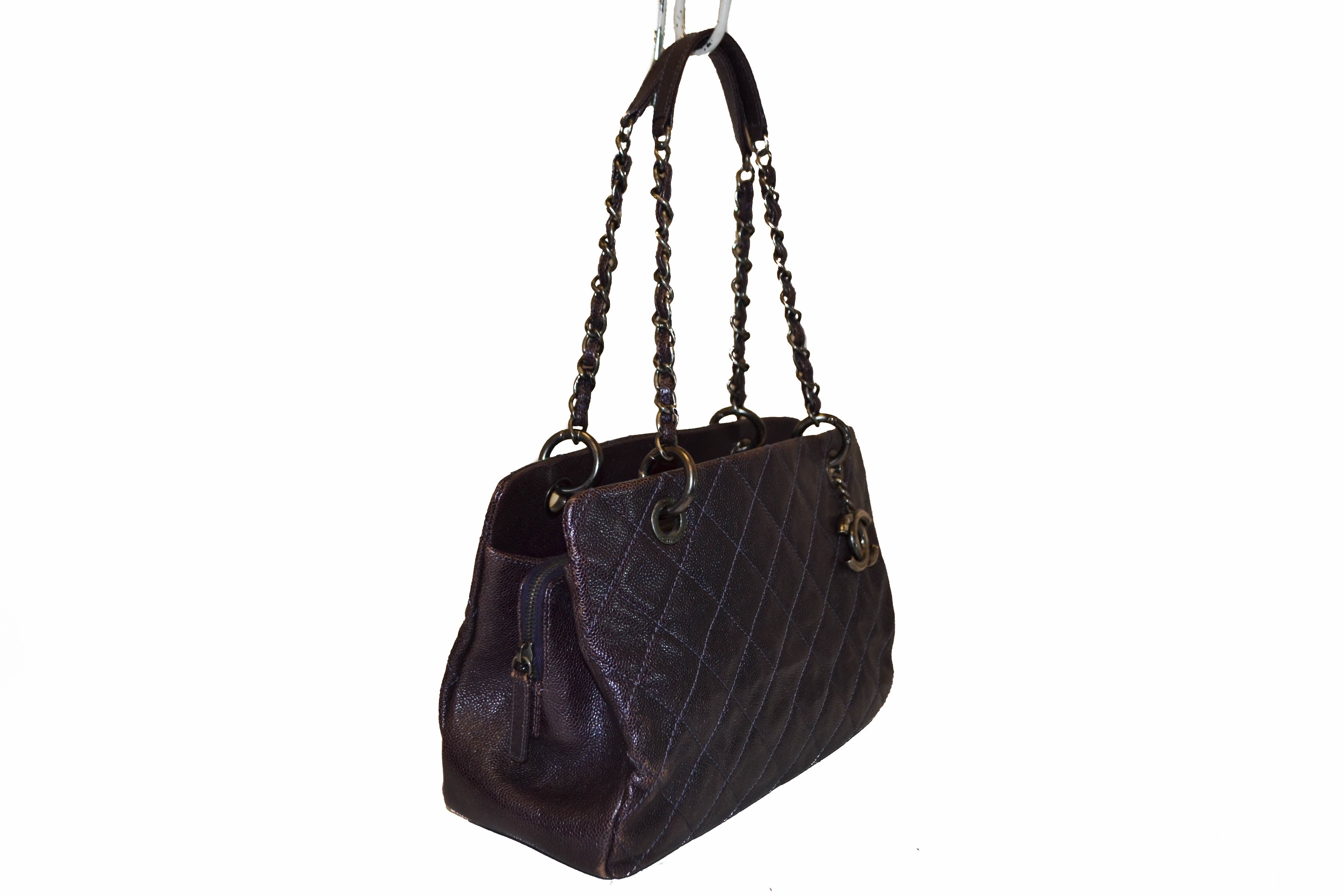 Authentic Chanel Quilted Caviar Leather Metallic Purple Shoulder Bag