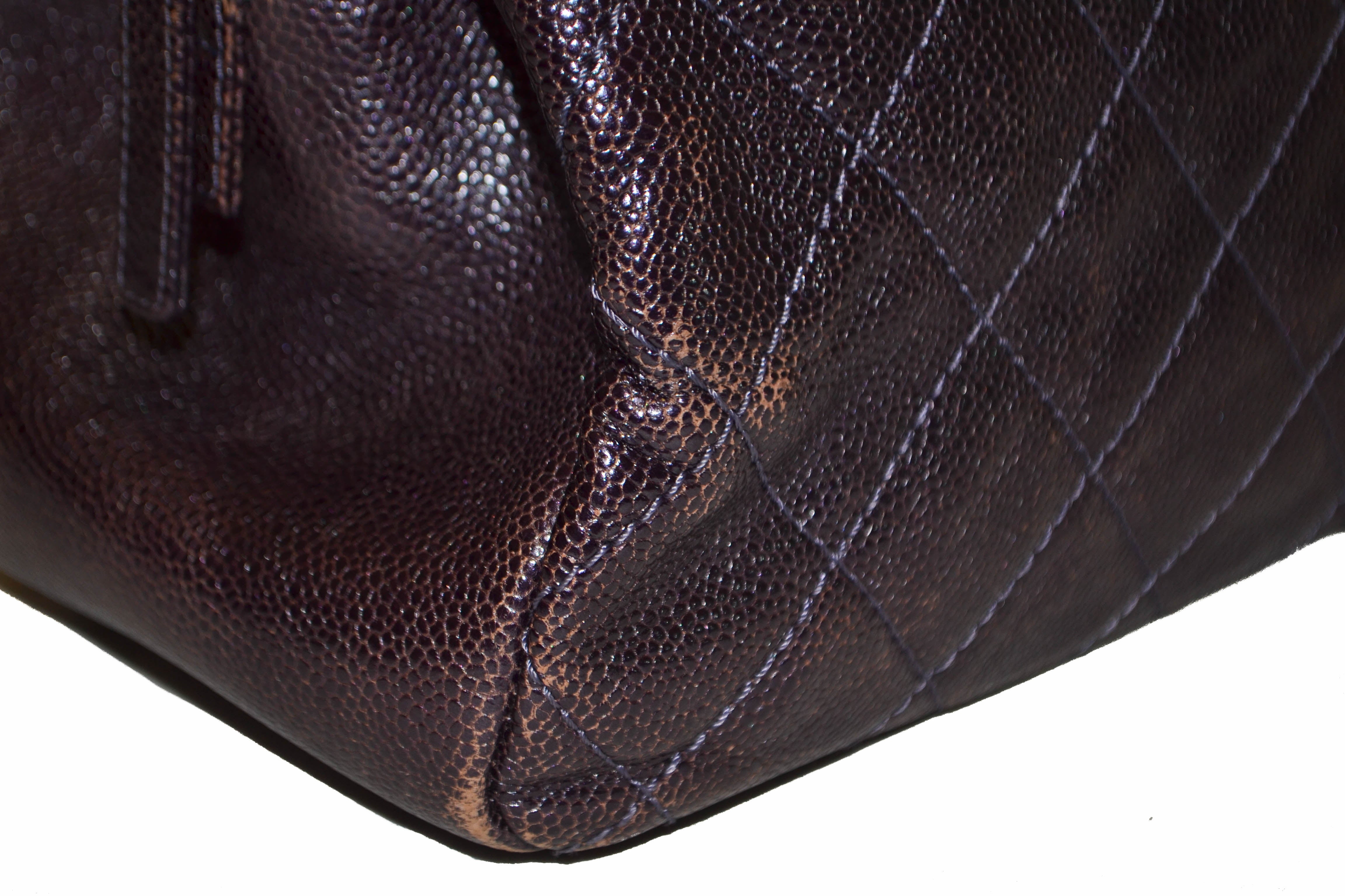 Authentic Chanel Quilted Caviar Leather Metallic Purple Shoulder Bag