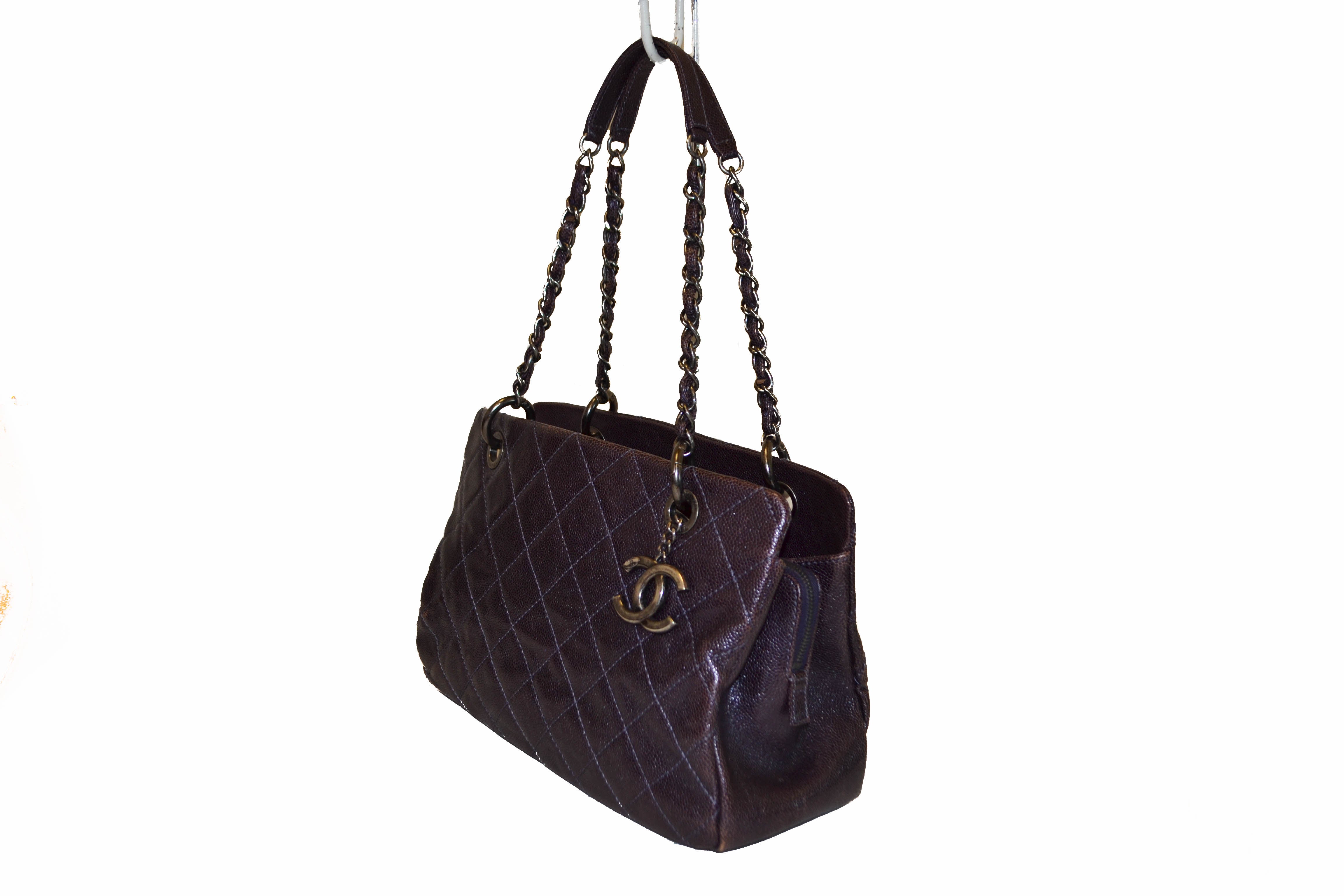 Authentic Chanel Quilted Caviar Leather Metallic Purple Shoulder Bag