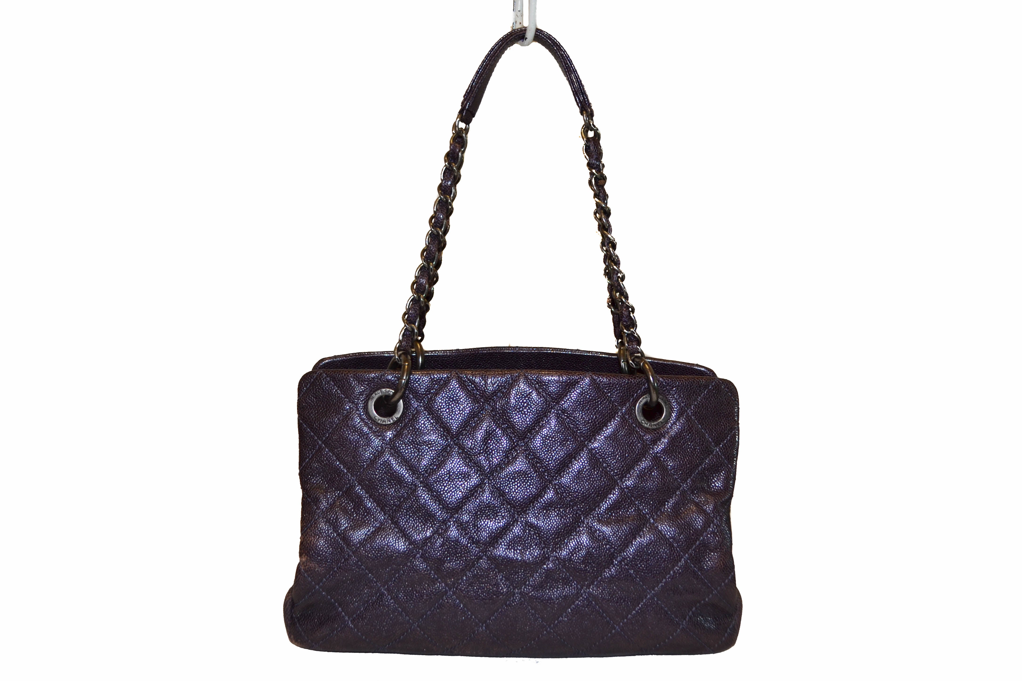 Authentic Chanel Quilted Caviar Leather Metallic Purple Shoulder Bag