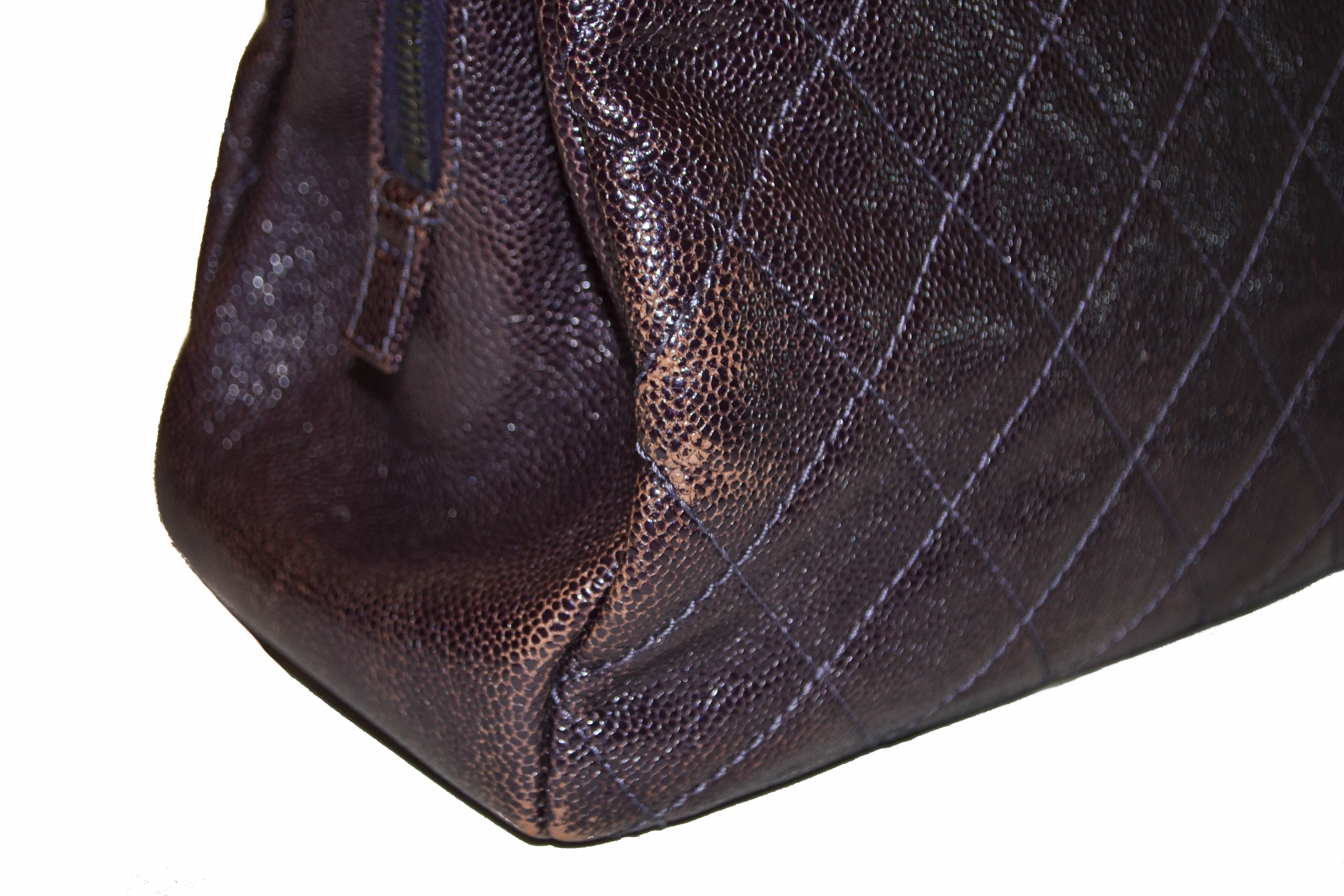 Authentic Chanel Quilted Caviar Leather Metallic Purple Shoulder Bag