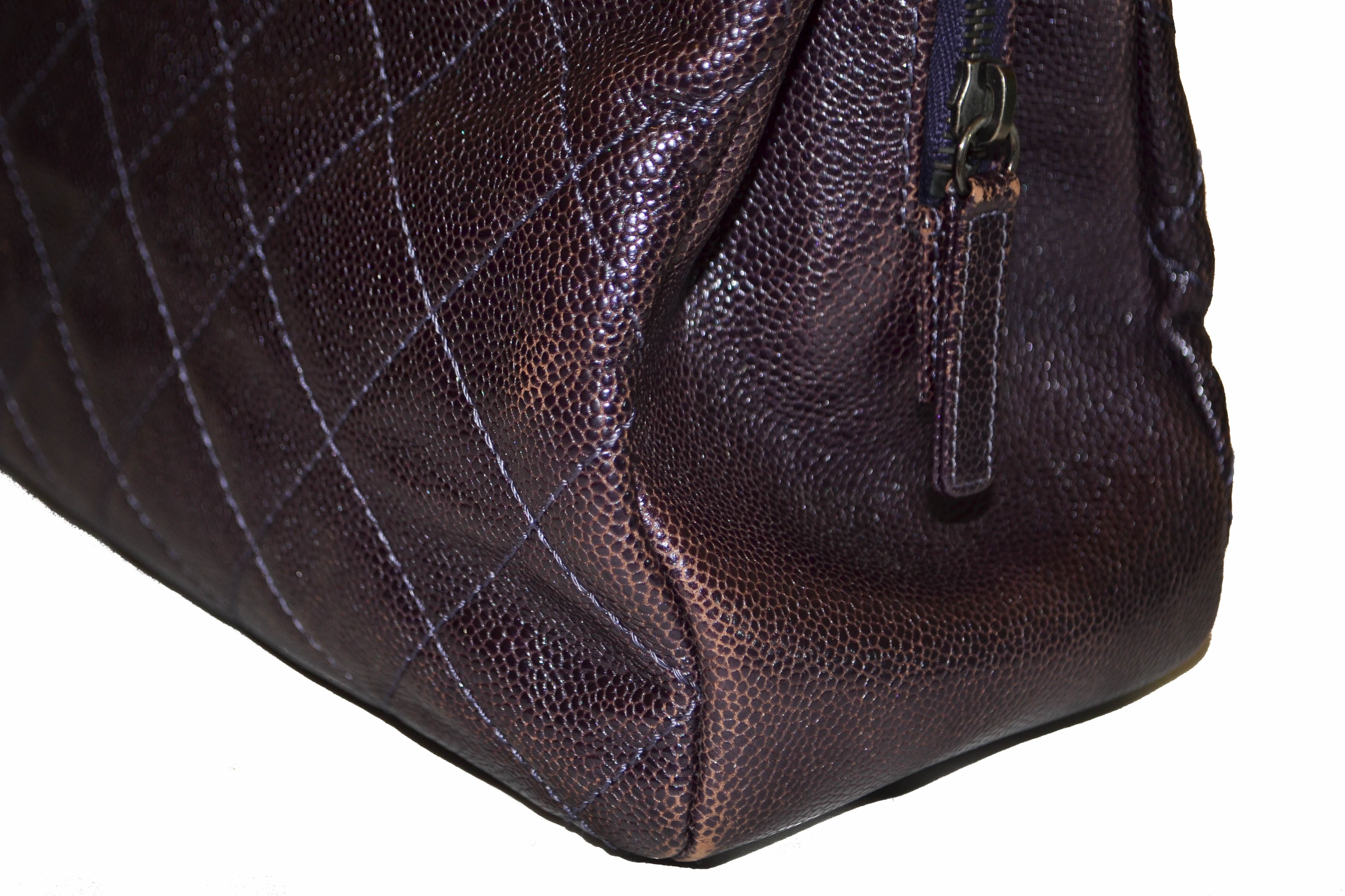 Authentic Chanel Quilted Caviar Leather Metallic Purple Shoulder Bag