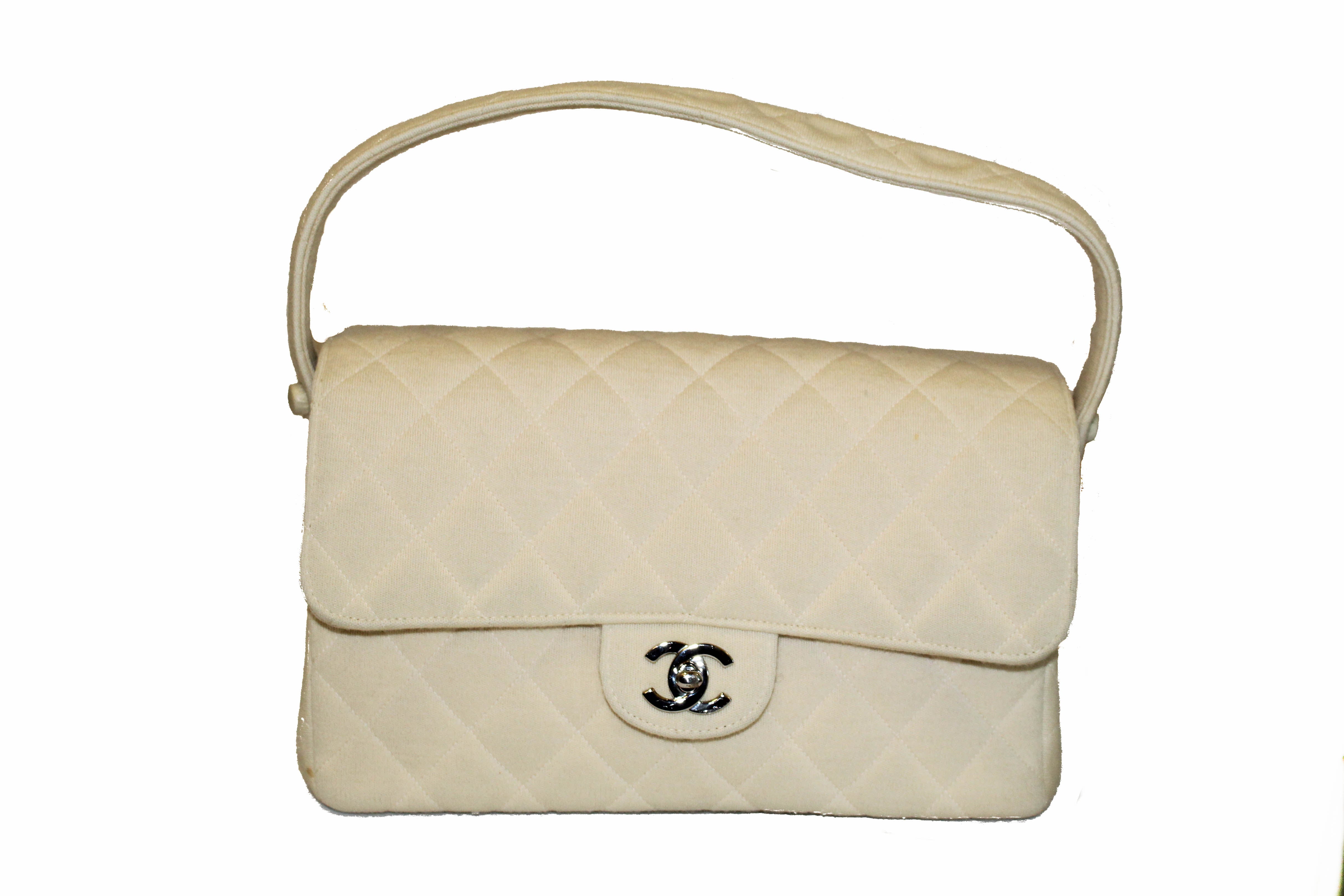 Authentic Chanel Beige Quilted Fabric Double Sided Flap Shoulder Bag
