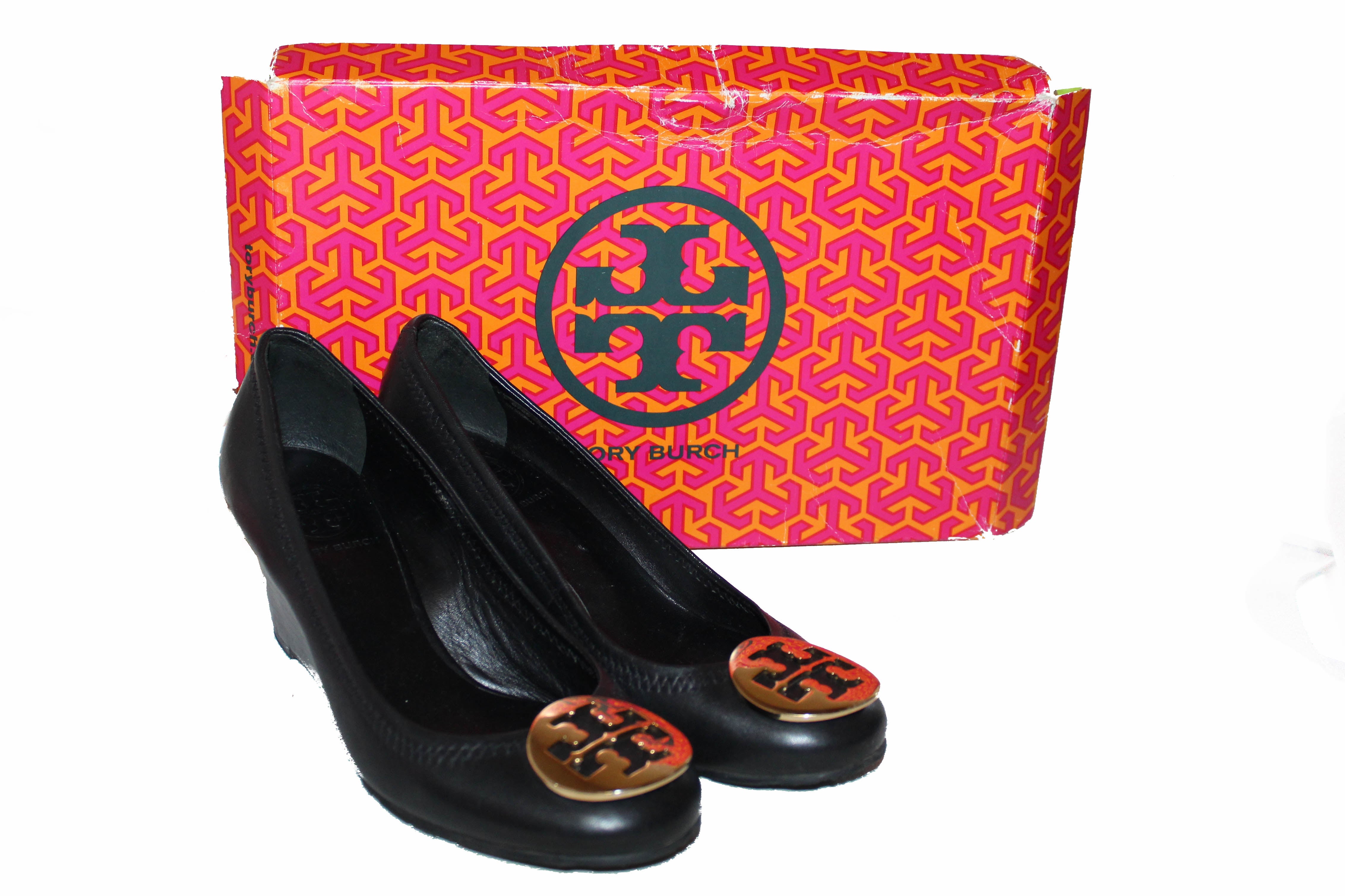 Authentic Tory Burch Black Leather Sally Wedge Size 6