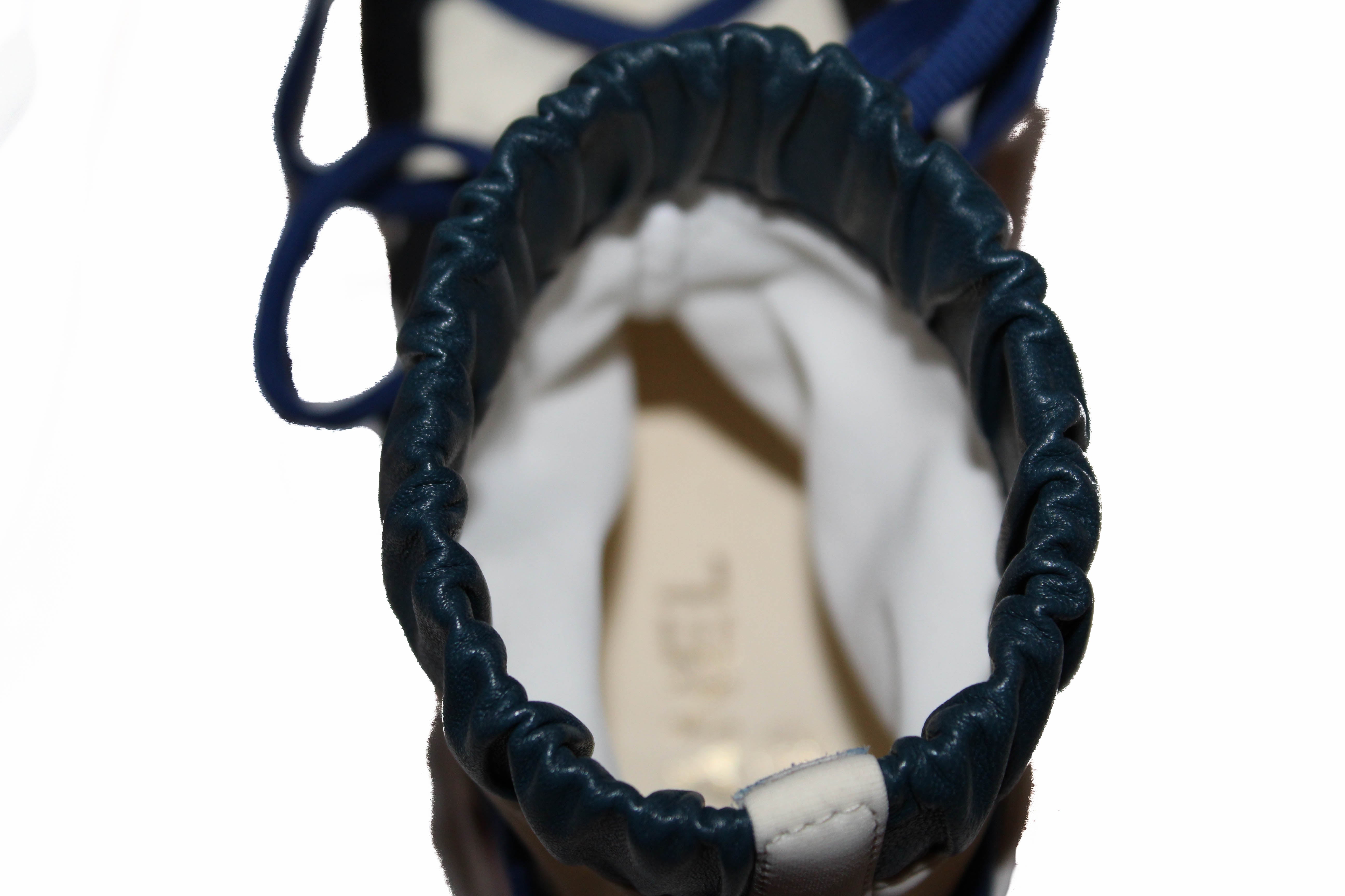 Authentic Chanel Lambskin & Mixed Fibers Ivory, Rose, Blue & Black Lace Up Platform Size 35.5 C