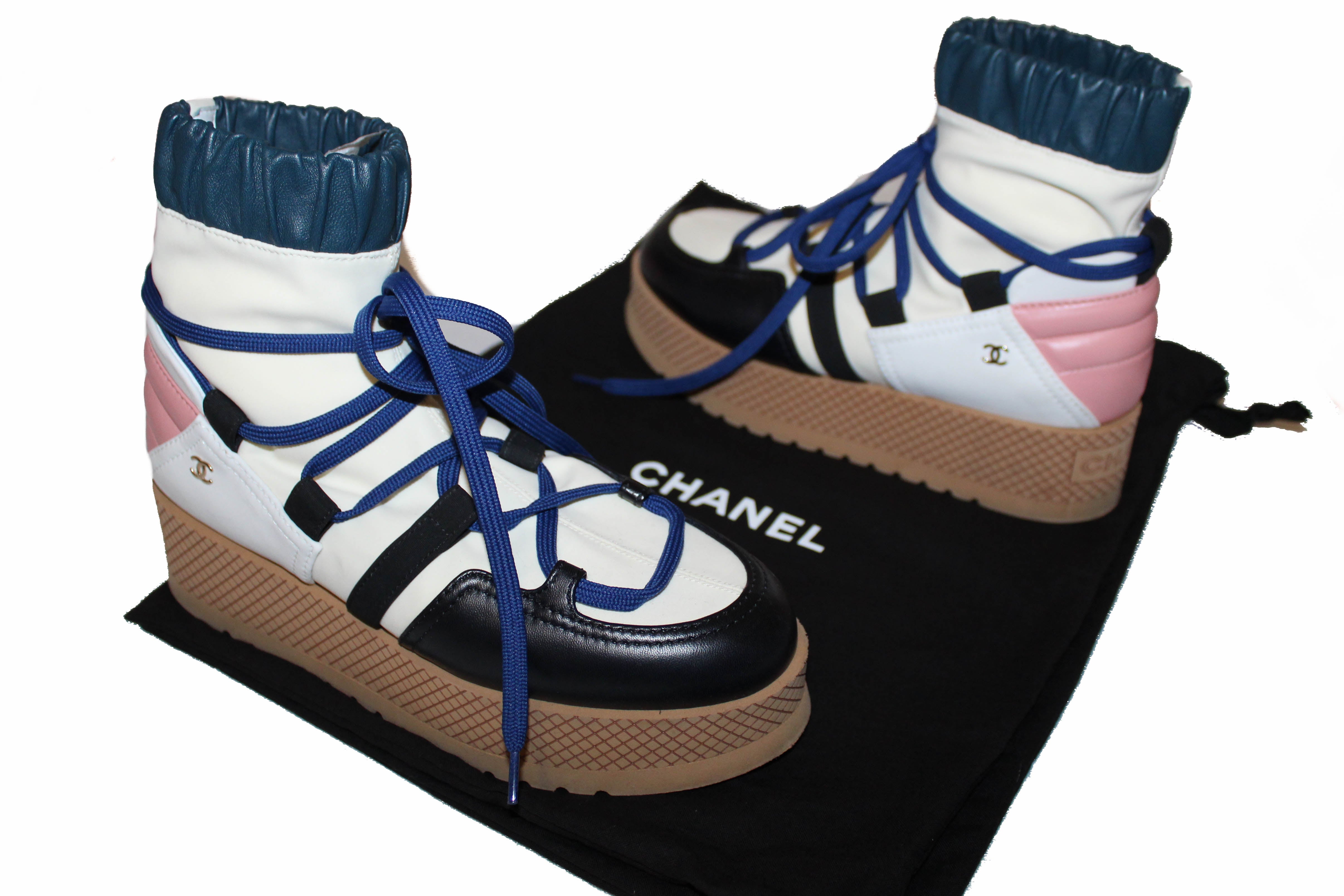 Authentic Chanel Lambskin & Mixed Fibers Ivory, Rose, Blue & Black Lace Up Platform Size 35.5 C