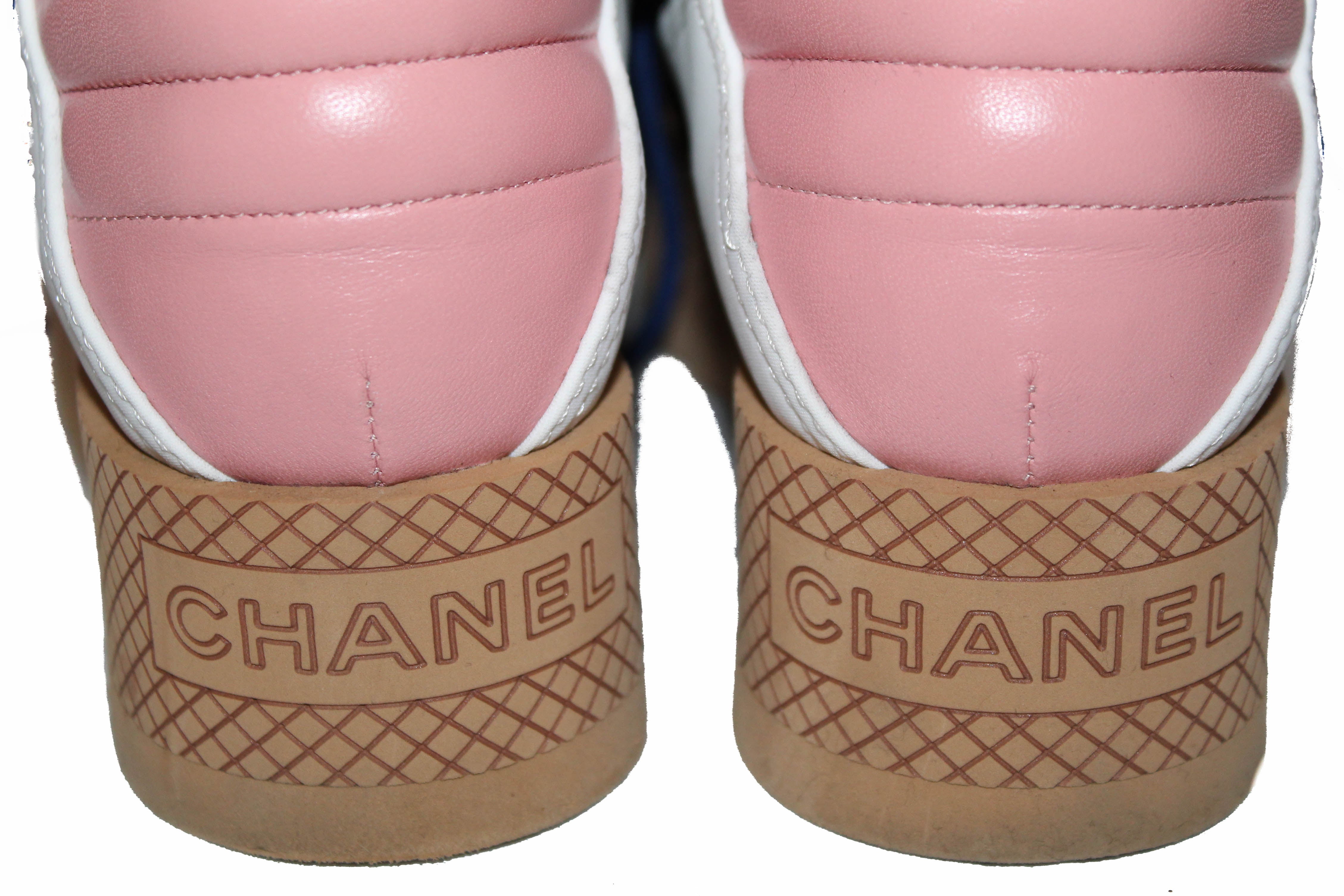 Authentic Chanel Lambskin & Mixed Fibers Ivory, Rose, Blue & Black Lace Up Platform Size 35.5 C