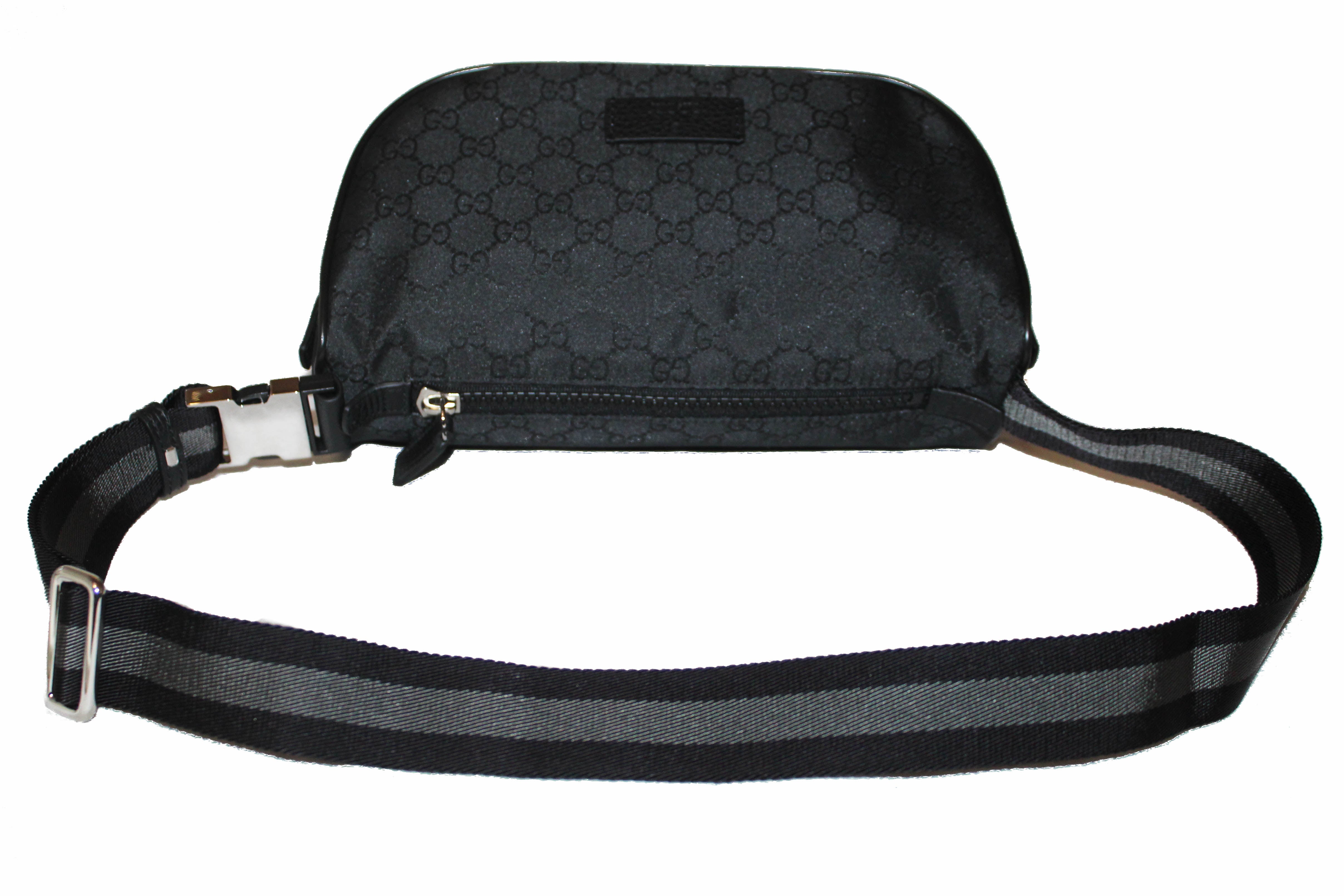 Authentic New Gucci Black Nylon GG Monogram Stripe Strap Belt Waist Bag