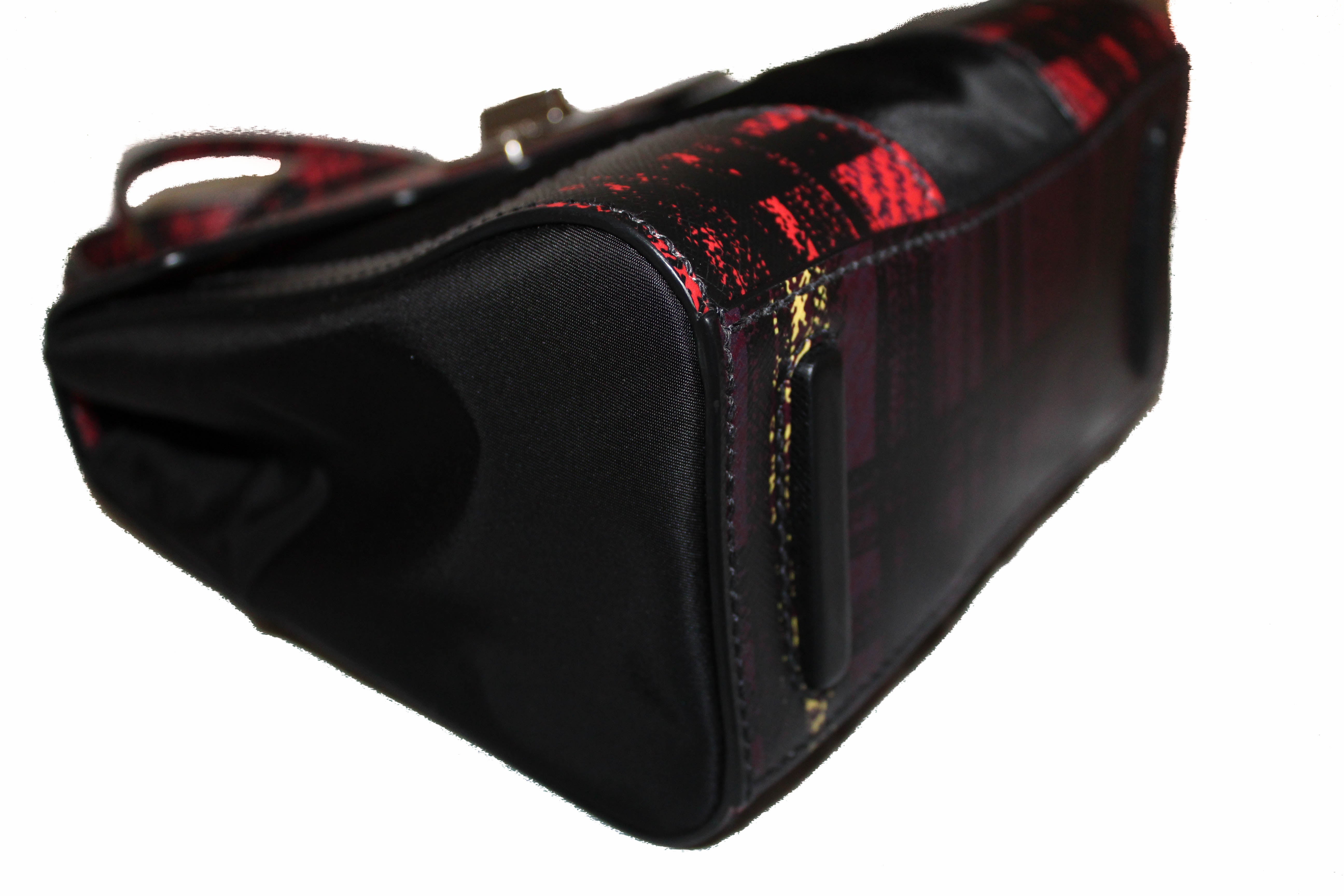 Authentic New Prada Red Plaid Tartan Saffiano Leather and Nylon Top Handle Messenger Bag with Long Strap