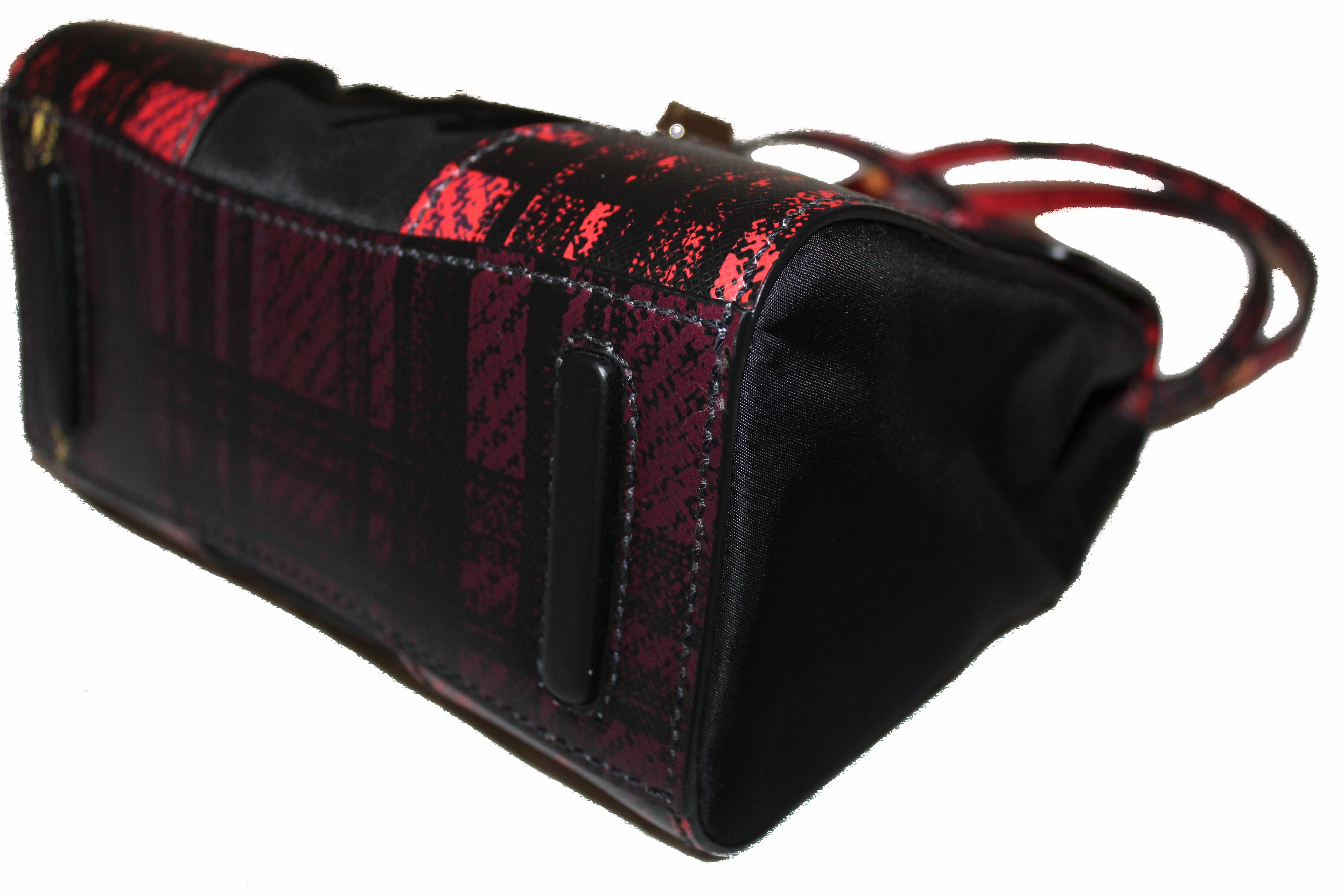 Authentic New Prada Red Plaid Tartan Saffiano Leather and Nylon Top Handle Messenger Bag with Long Strap