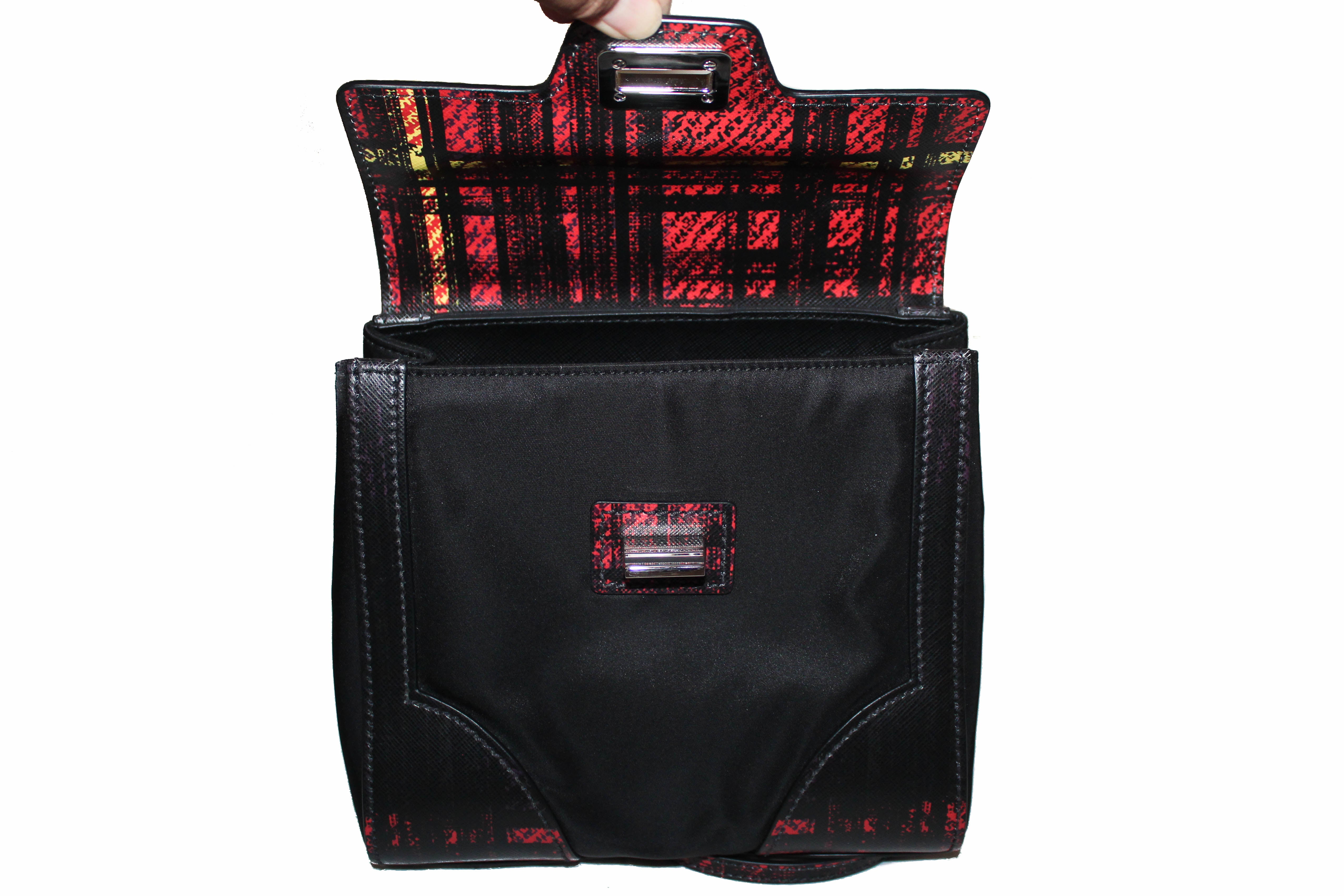 Authentic New Prada Red Plaid Tartan Saffiano Leather and Nylon Top Handle Messenger Bag with Long Strap