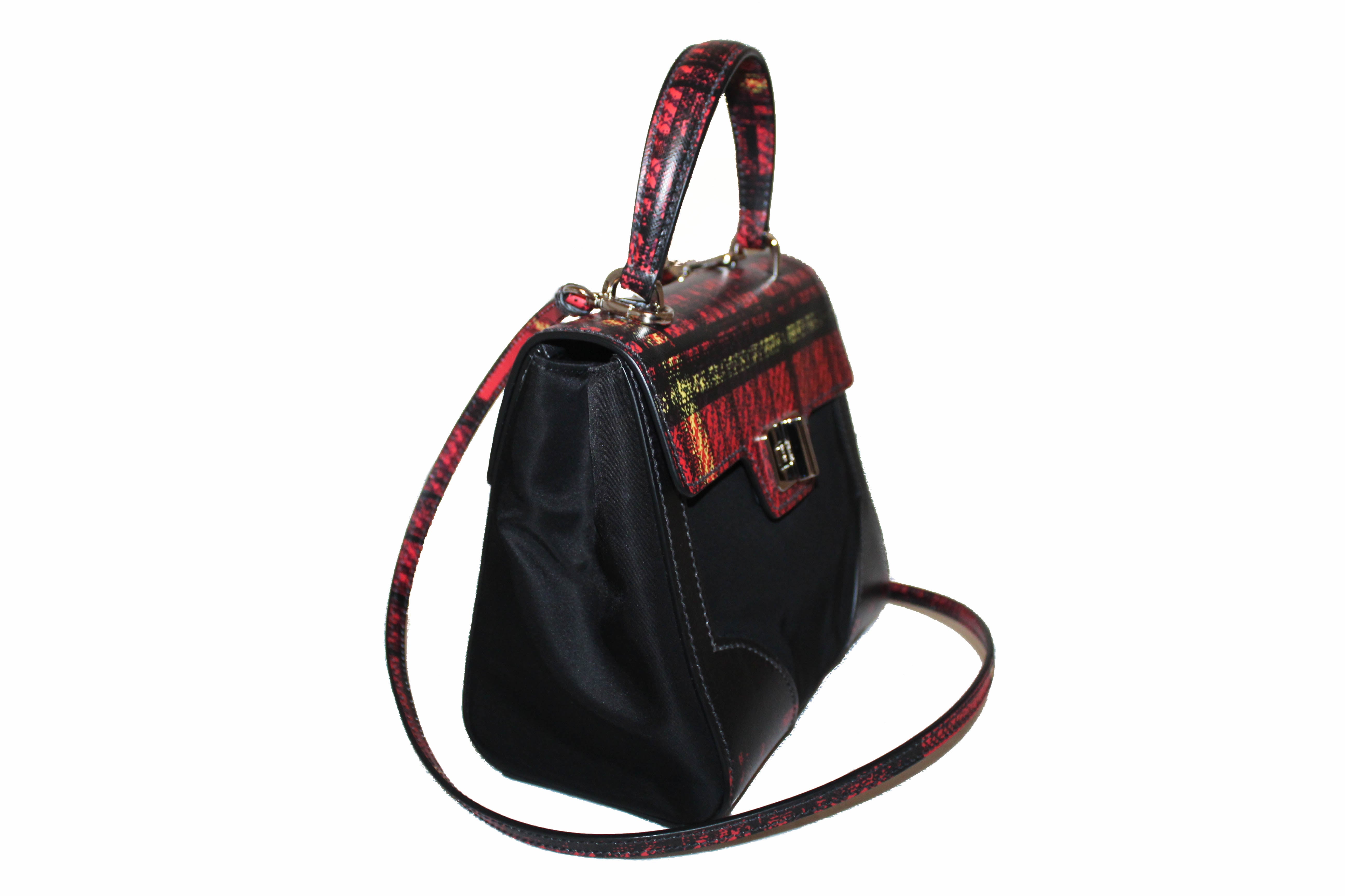 Authentic New Prada Red Plaid Tartan Saffiano Leather and Nylon Top Handle Messenger Bag with Long Strap