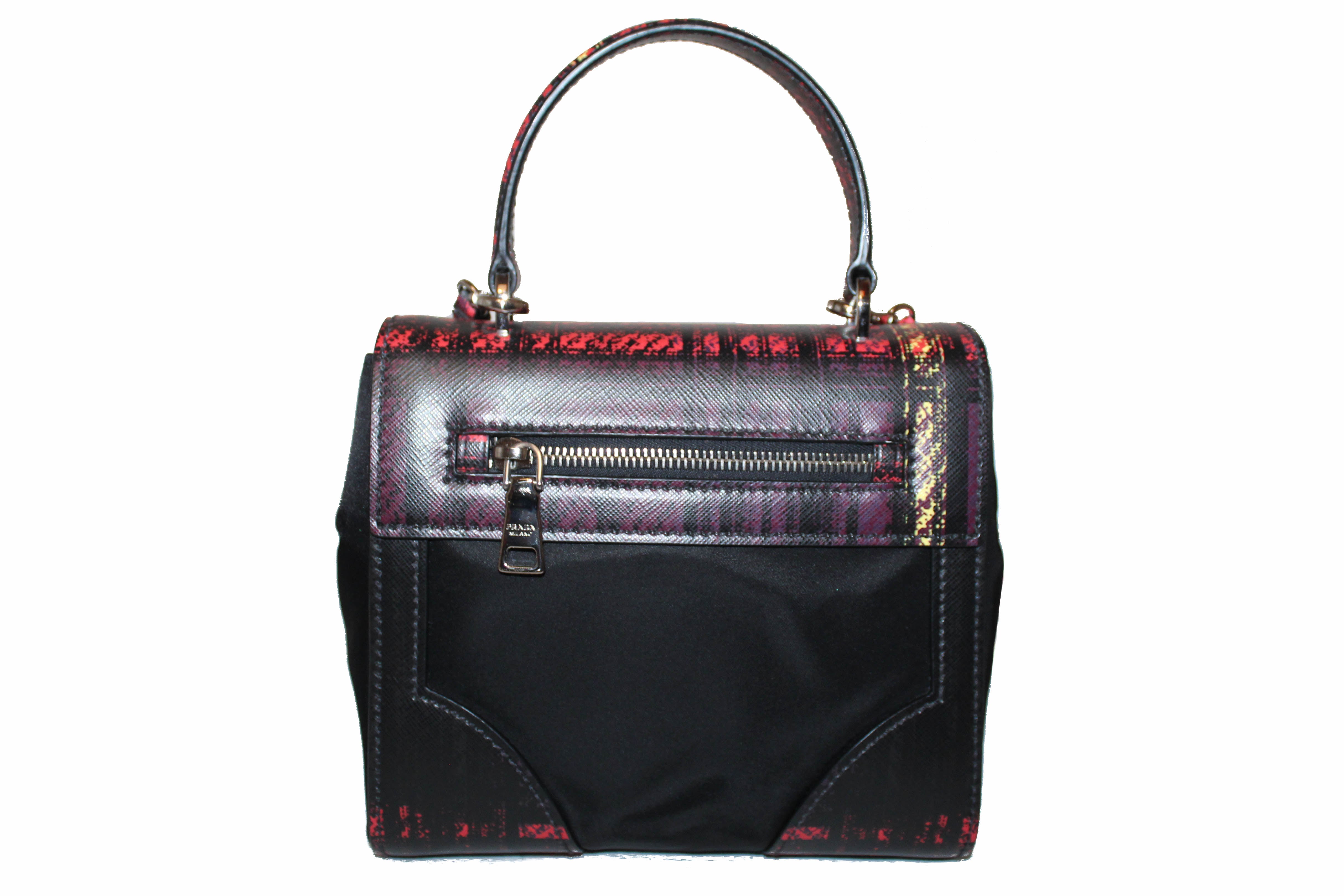 Authentic New Prada Red Plaid Tartan Saffiano Leather and Nylon Top Handle Messenger Bag with Long Strap