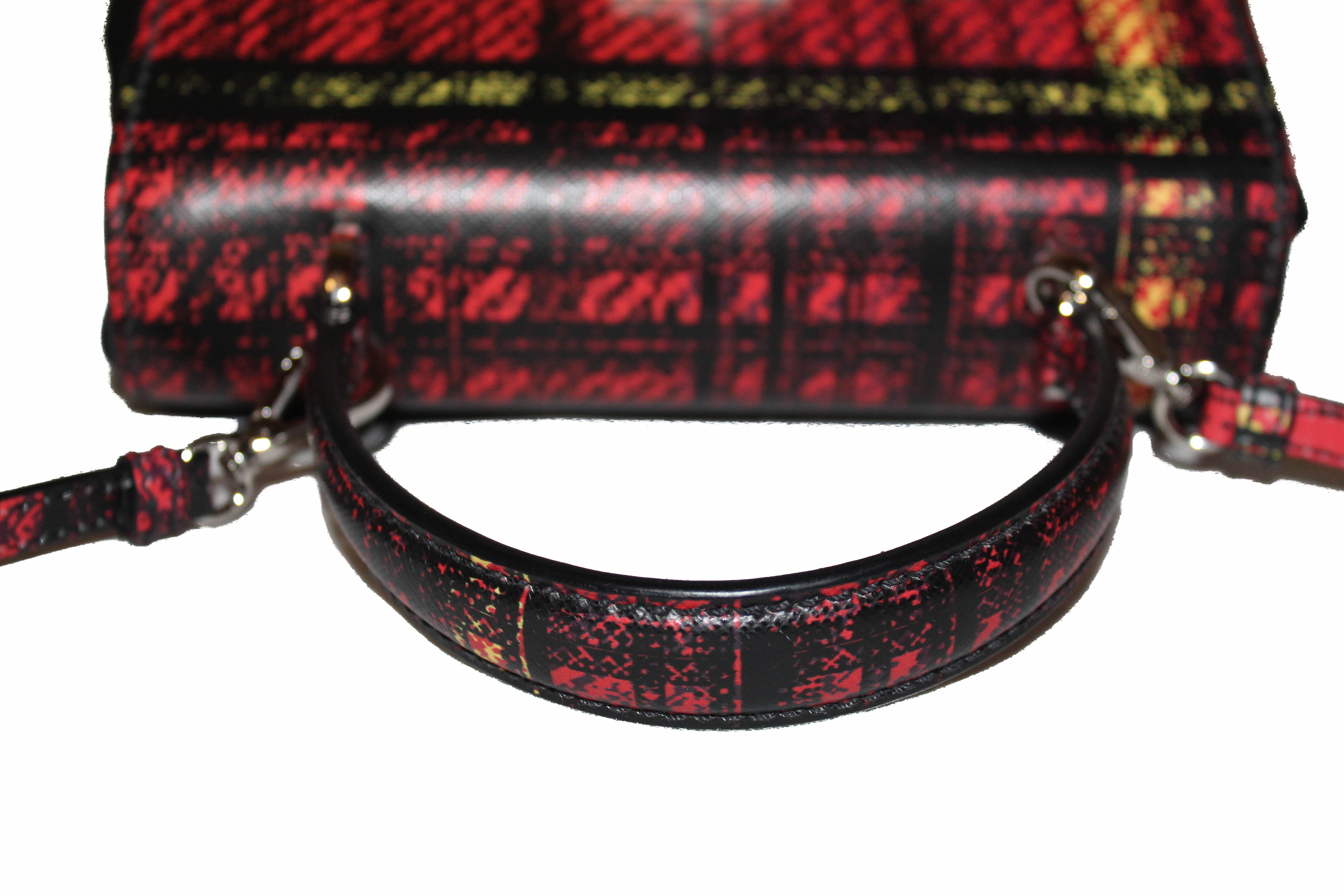 Authentic New Prada Red Plaid Tartan Saffiano Leather and Nylon Top Handle Messenger Bag with Long Strap