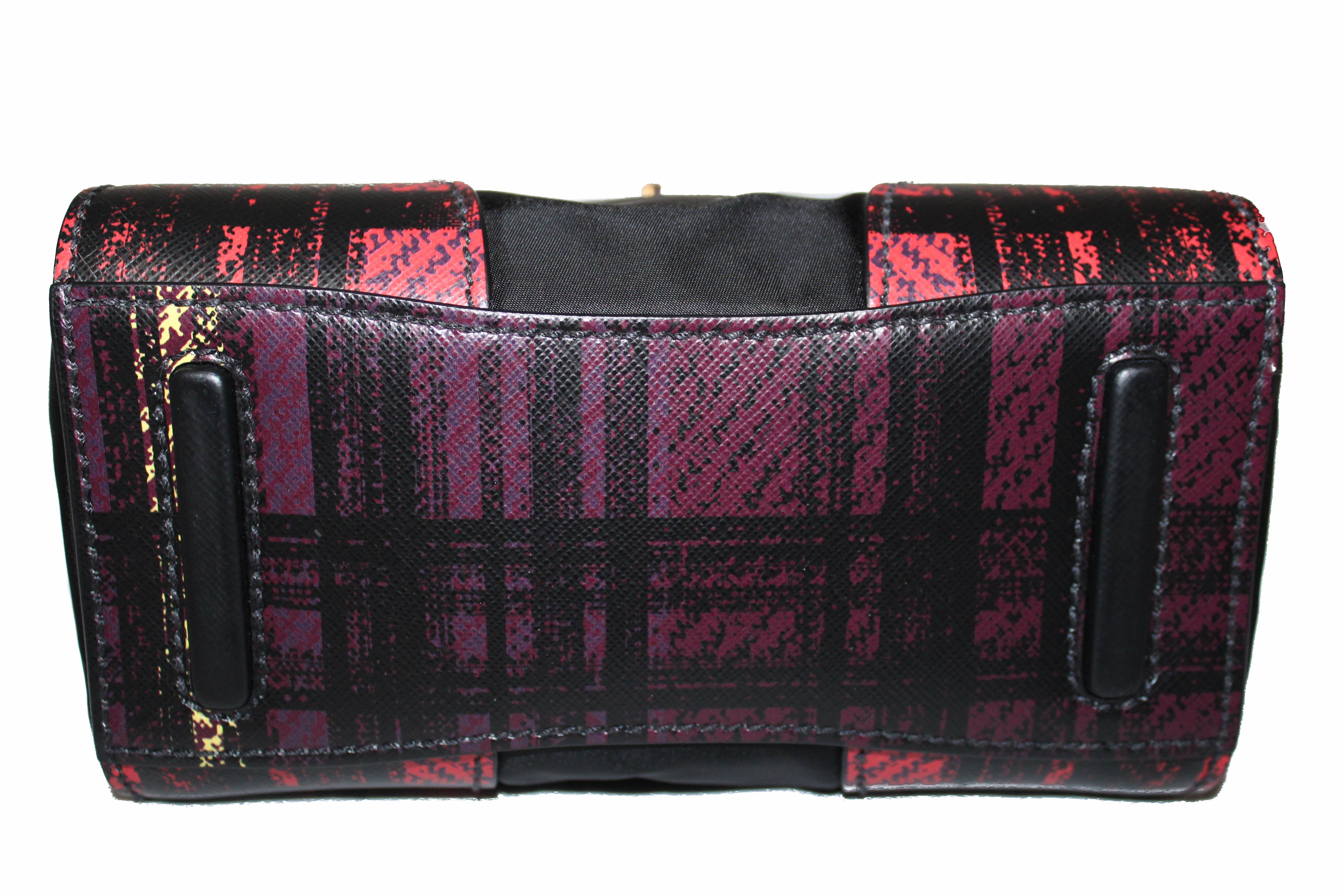 Authentic New Prada Red Plaid Tartan Saffiano Leather and Nylon Top Handle Messenger Bag with Long Strap