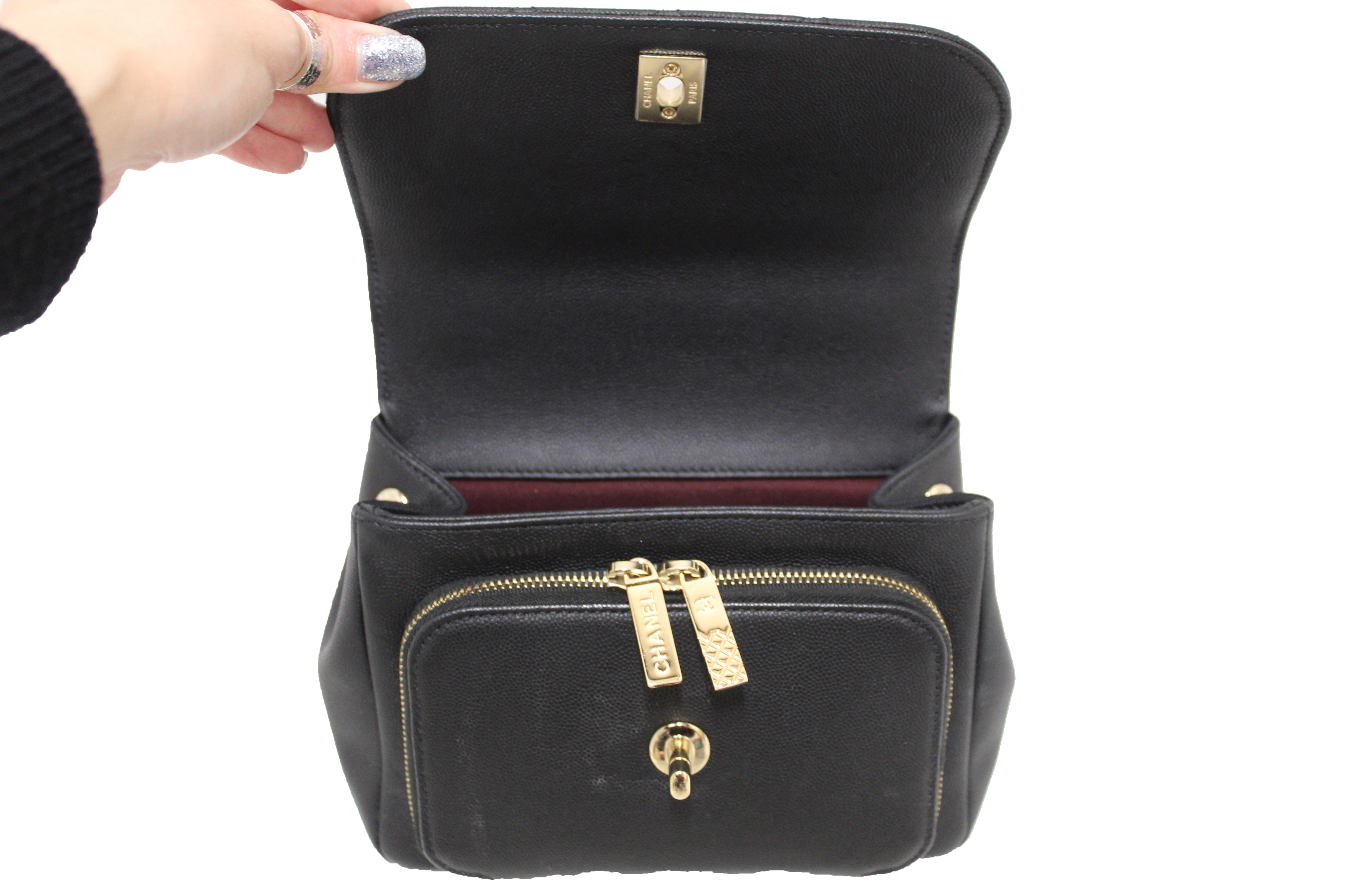 Authentic Chanel Black Caviar Leather Small Business Affinity Messenger Crossbody Bag