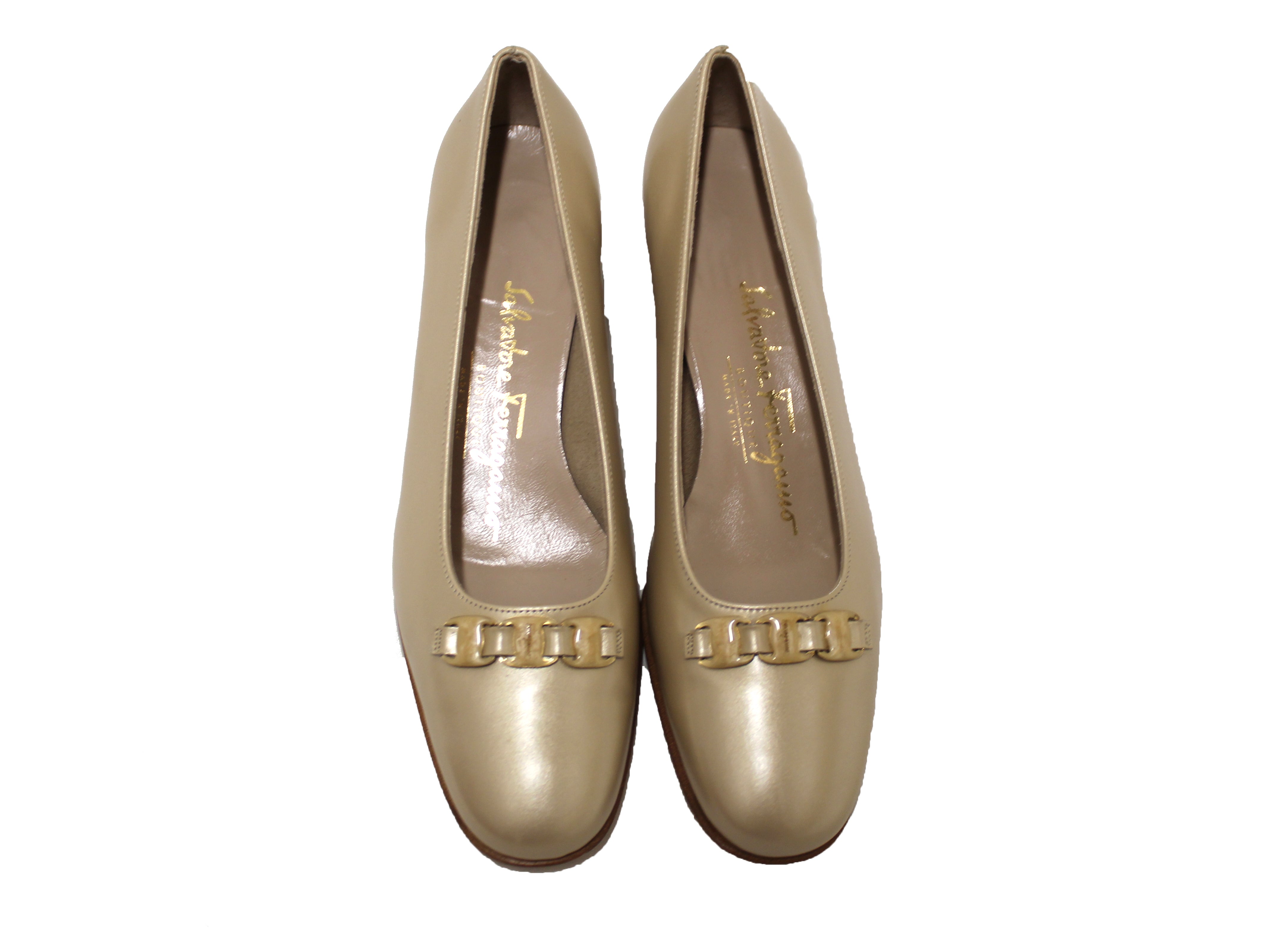 Authentic NEW Salvatore Ferragamo Beige Calf Leather Pumps Size 5.5B