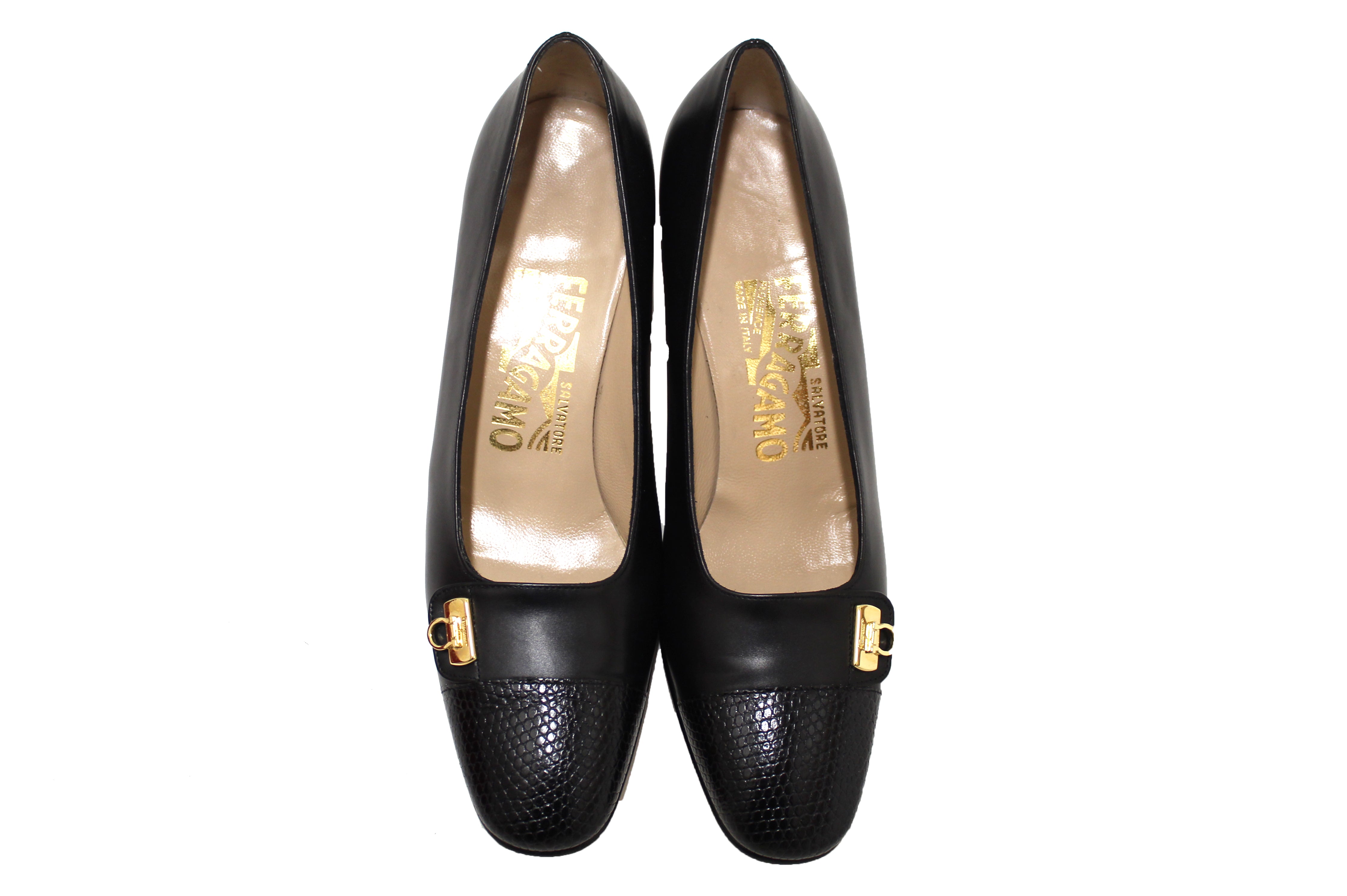 Authentic Salvatore Ferragamo Black Calfskin Leather with Black Lizard Leather Pumps Size 5.5B